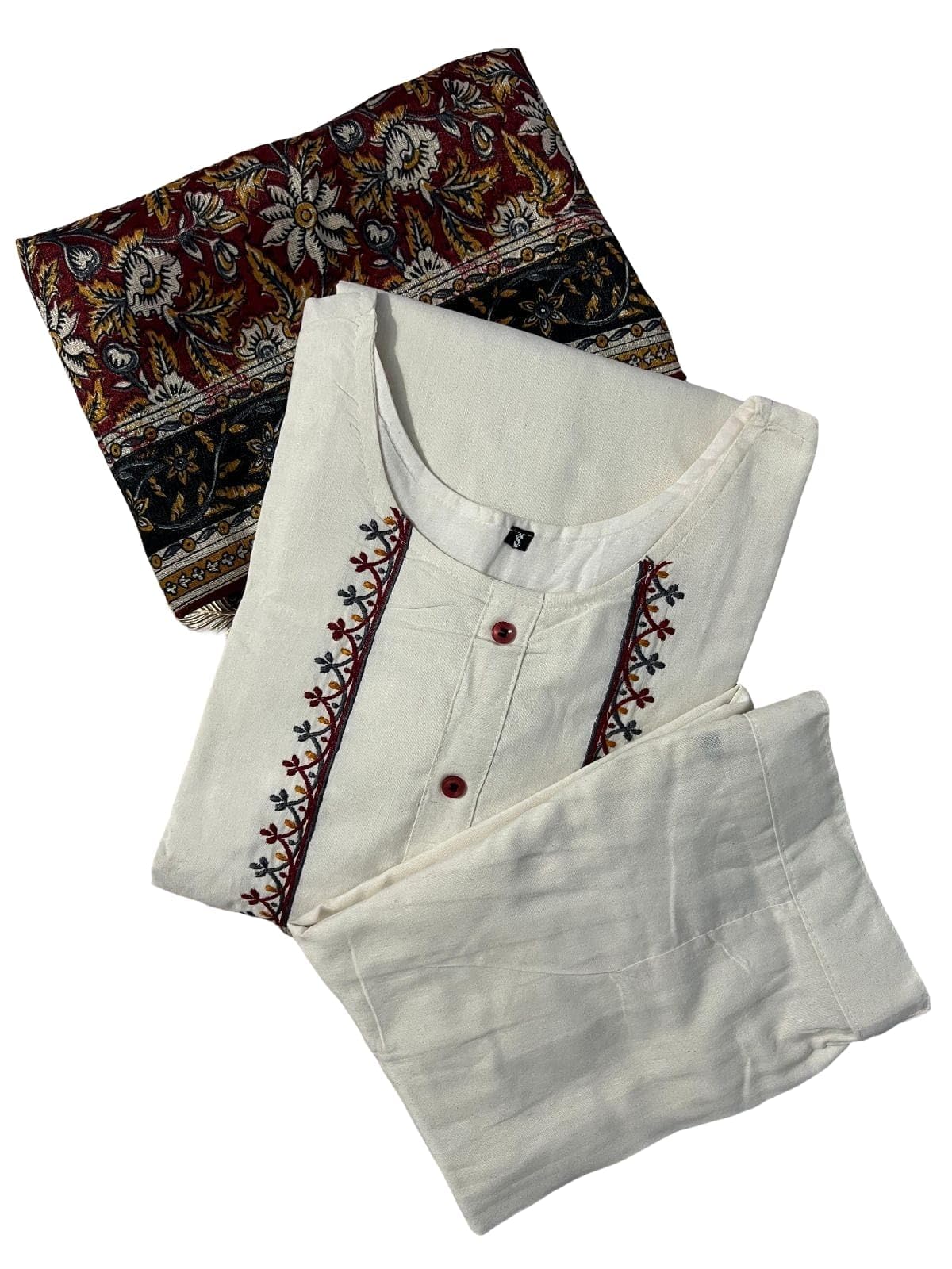 Women's Straight Kurta Set with Bhagalpuri Khadi Print Dupatta, Cream, Embroidered, 3-Piece Ethnic Wear