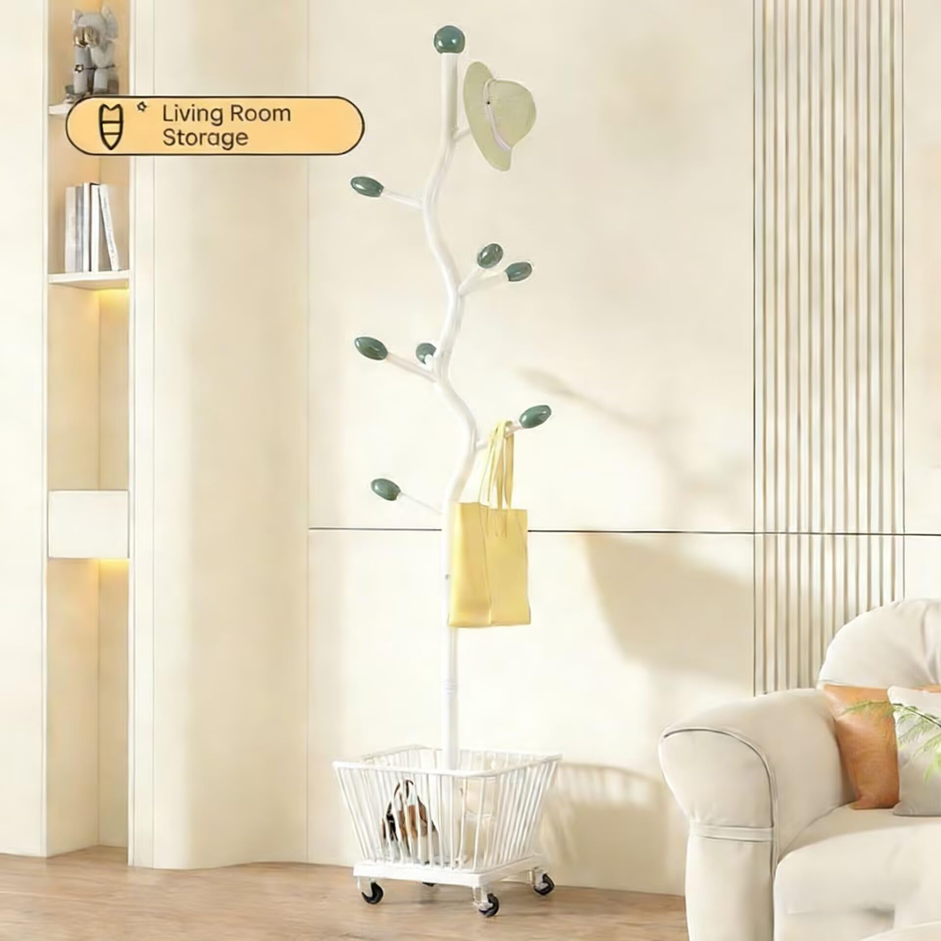 Perchero en forma de árbol con cesta de almacenamiento, colgador independiente, 9 ganchos y ruedas con cerradura para entrada, dormitorio