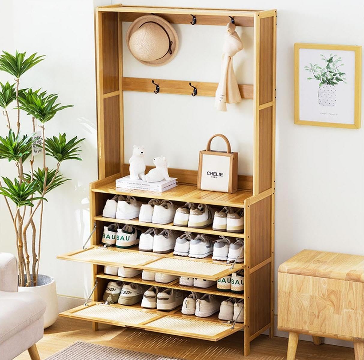 【即納】HOLMZCED 4段 竹製シューズキャビネット メッシュドア付き 木製靴収納ラック 取り外し可能な棚付き フロアシューズシェルフ  紐閉じ