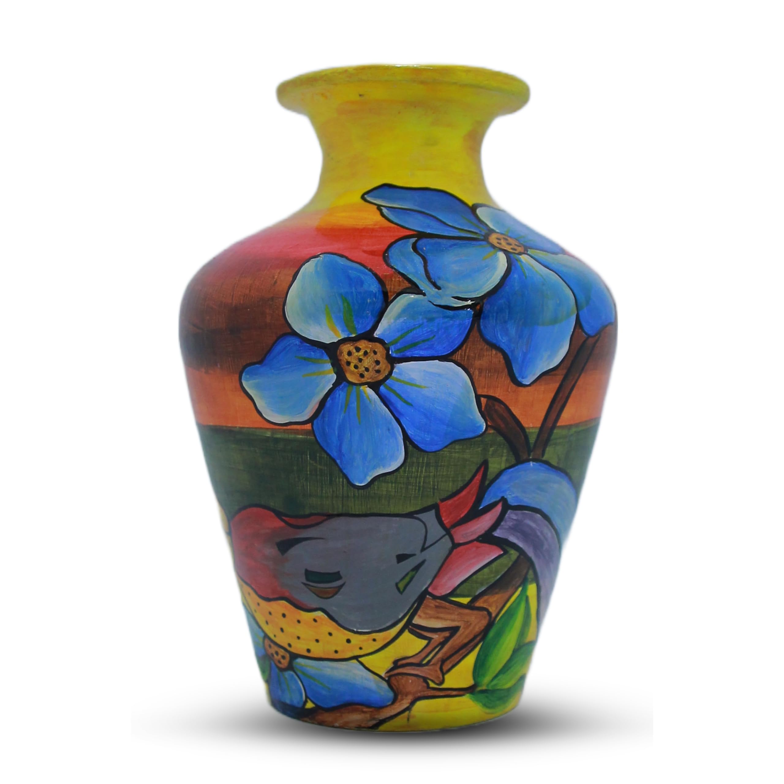 Natural Look 7 Inch Handmade CLAY VASE Hand Painted Flower Design Vase, Indoor Table Decor Eye Catching Gift For Birthday Christma, New year