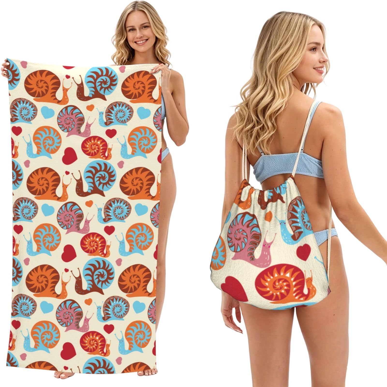 WSHFFILO Cute Snail printed 2 in 1 Packable Towel Bag Bath Towel Beach Towel