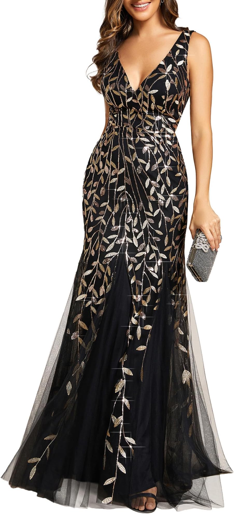 Women's Sequin Formal Dress Double V-Neck Sleeveless Mermaid Long Evening Prom Dresses 07886