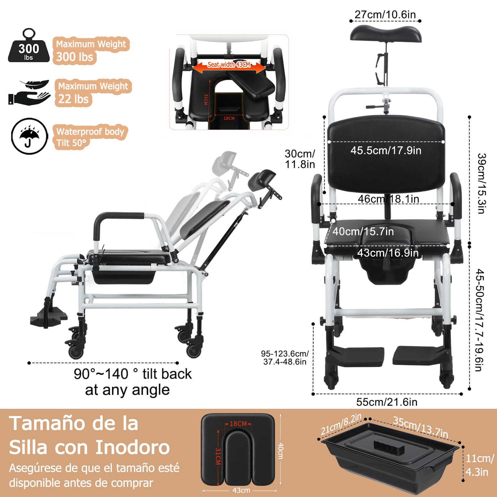 NJUN Silla de Ruedas para Baño y WC con Ruedas, Silla WC con Ruedas para Personas Mayores, Silla de Baño Reclinable con Respaldo Ajustable 140°, Reposacabezas Ajustable y Cubeta Extraíble