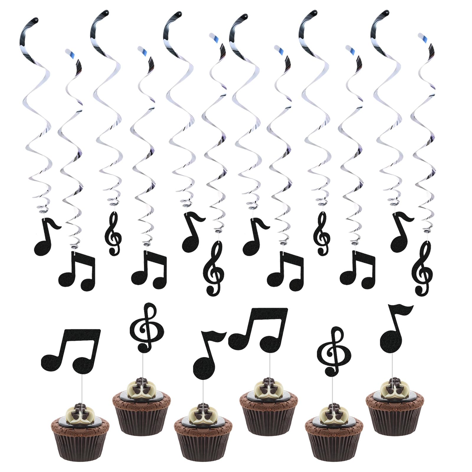 Decorazione Sospesa a Forma di Vortice di Note Musicali - Set di 12 Spirali Argento + 6 Bandierine per Torta, con Frammenti di Partiture Musicali, Lunghezza 90 cm
