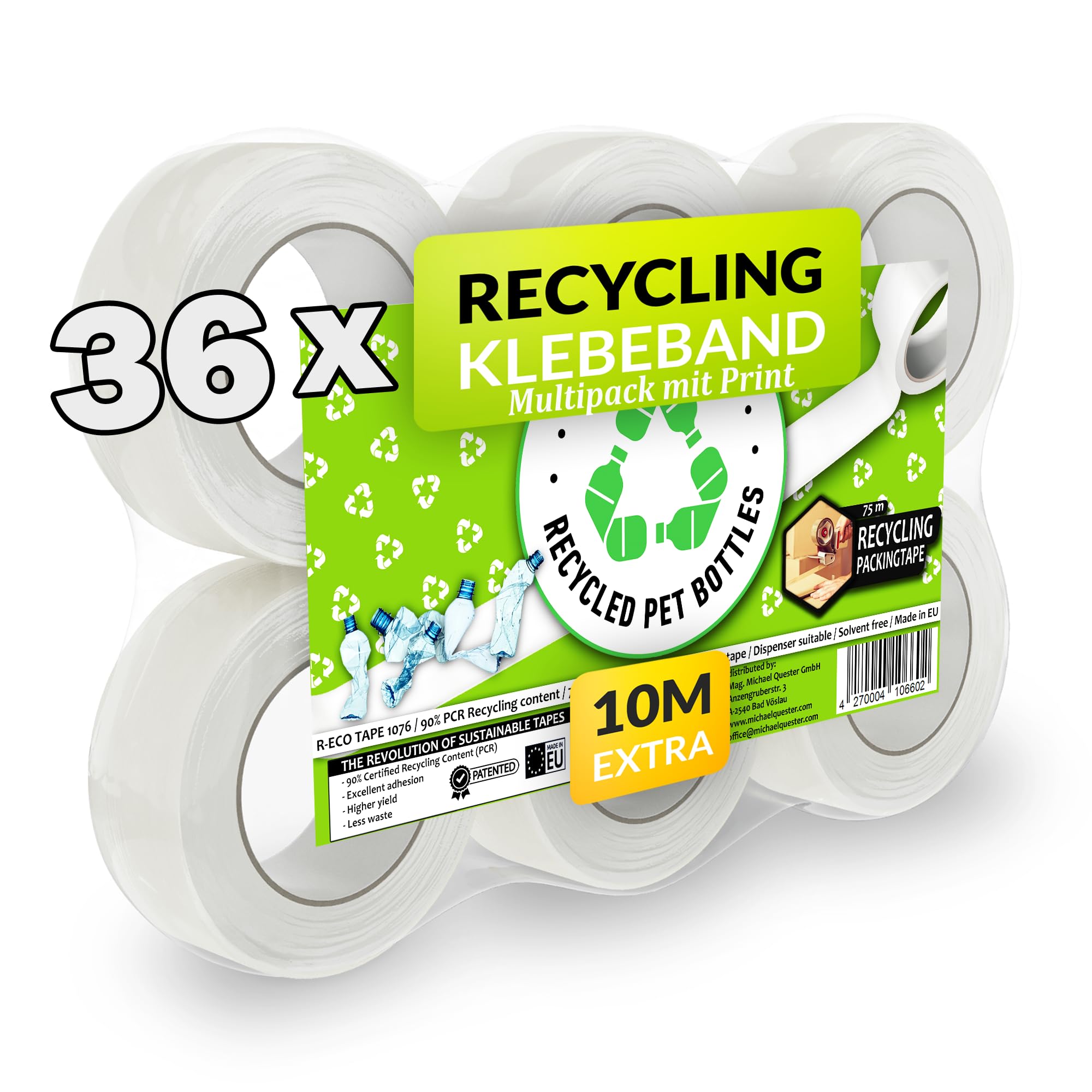 RECO Recycling Paketklebeband mit ECO Print - 36 Rollen x 75m Multipack Extralang - 50mm volle Breite | Transparentes Paketband | aus über 90% recyceltem Material, Universal Packband Klebeband