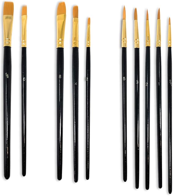 MSC Paint Brush Set 10 pc Nylon Hair Paintbrushes Multi Purpose Wooden Watercolour, Oil, Gouache, Acrylic Painting, Ceramic, Craft Art Brushes (Black)