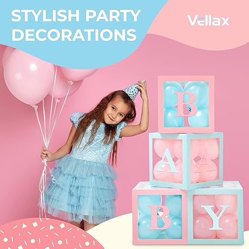 Miniatura 6 de Cajas de bebé con letras para baby shower, decoraciones de baby shower de 44 piezas, 32 globos azules metálicos, 4 bloques azules metálicos, 8