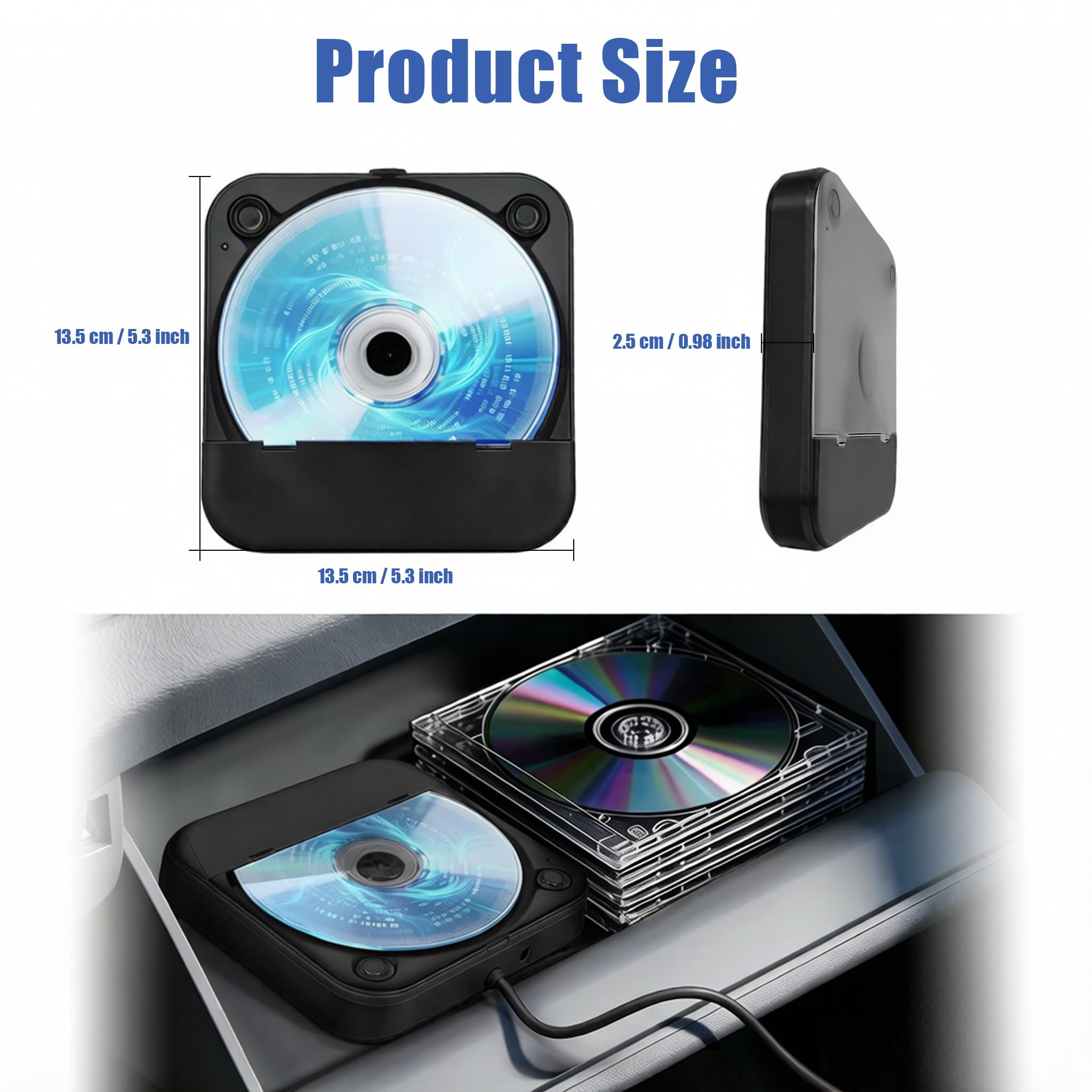 Lettore CD per auto con silicone anti-shock, porta USB, cavo prolunga, nero