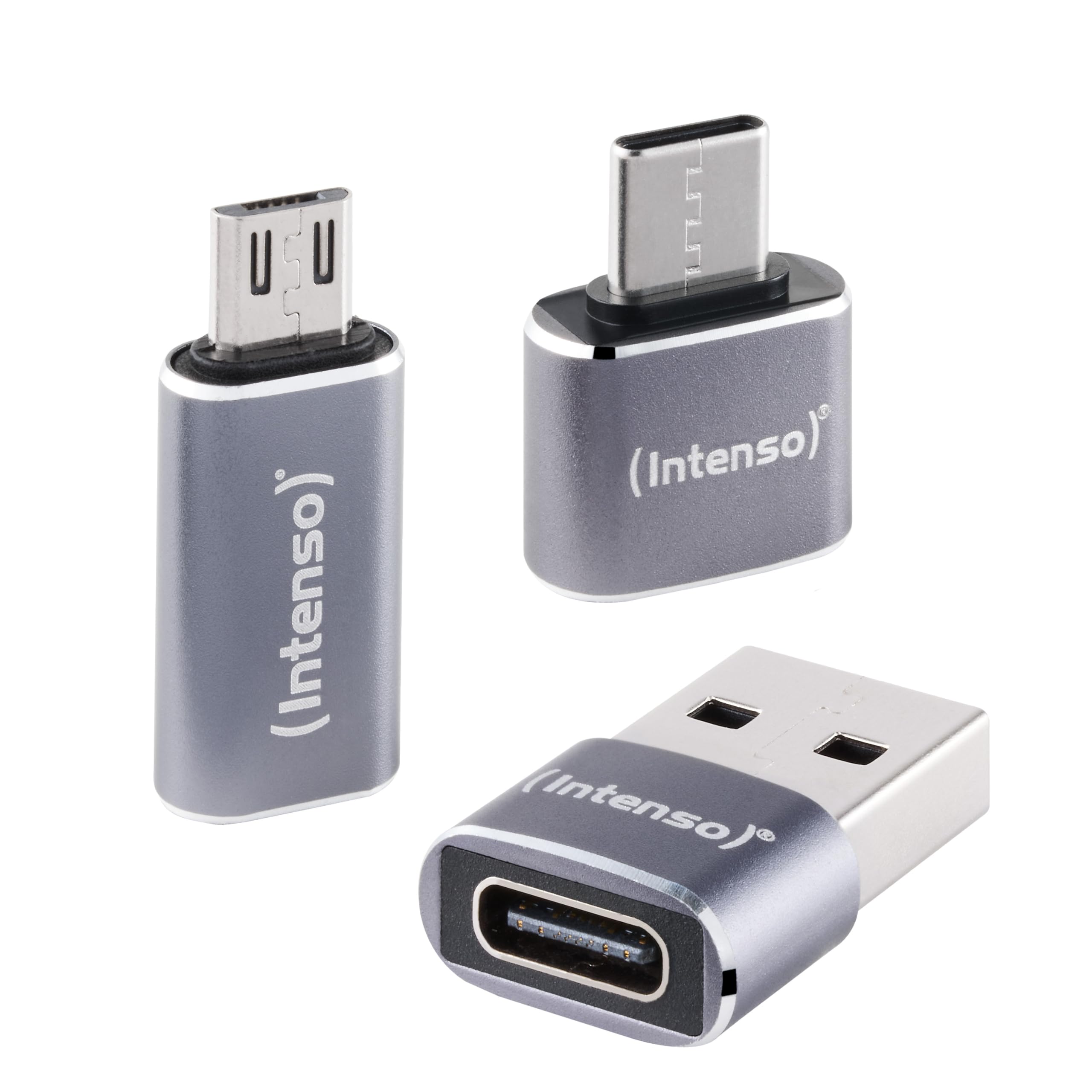 Intenso USB Adapter Set (MIX480) 3er Pack, USB-C auf USB-A, USB-A auf USB-C, USB-C auf microUSB, 480 Mbit/s High-Speed USB 2.0, OTG, Aluminium, Grau