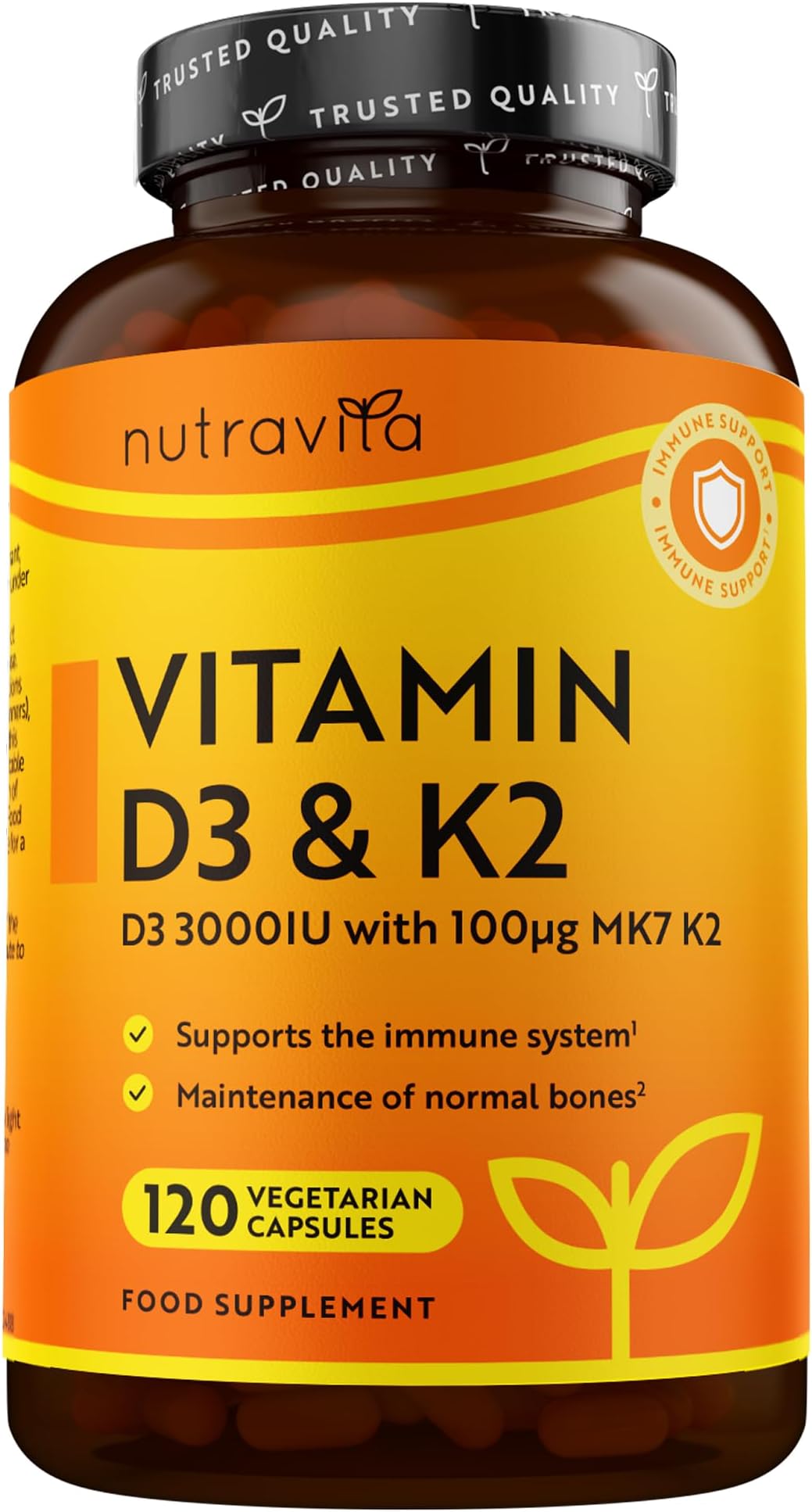 Vitamin D3 3000iu & K2 100ug (MK7) – 120 Vitamin D3 K2 Vegetarian Capsules – Supports Normal Bones, Muscles, Teeth and Immune System – Cholecalciferol & Menaquinone-7