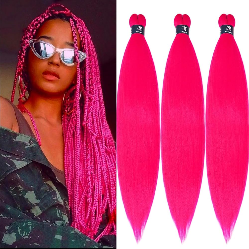 UPruyo Hot Pink Braiding Hair Pre Stretched Colored Hair Extensions Prestretched Braiding Hair Neon Pink Knotless Yaki Texture Synthetic Hair for Micro Box Braids (26 Inch Folded 3 Packs)