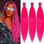 UPruyo Hot Pink Braiding Hair Pre Stretched Colored Hair Extensions Prestretched Braiding Hair Neon Pink Knotless Yaki Texture Synthetic Hair for Micro Box Braids (26 Inch Folded 3 Packs)