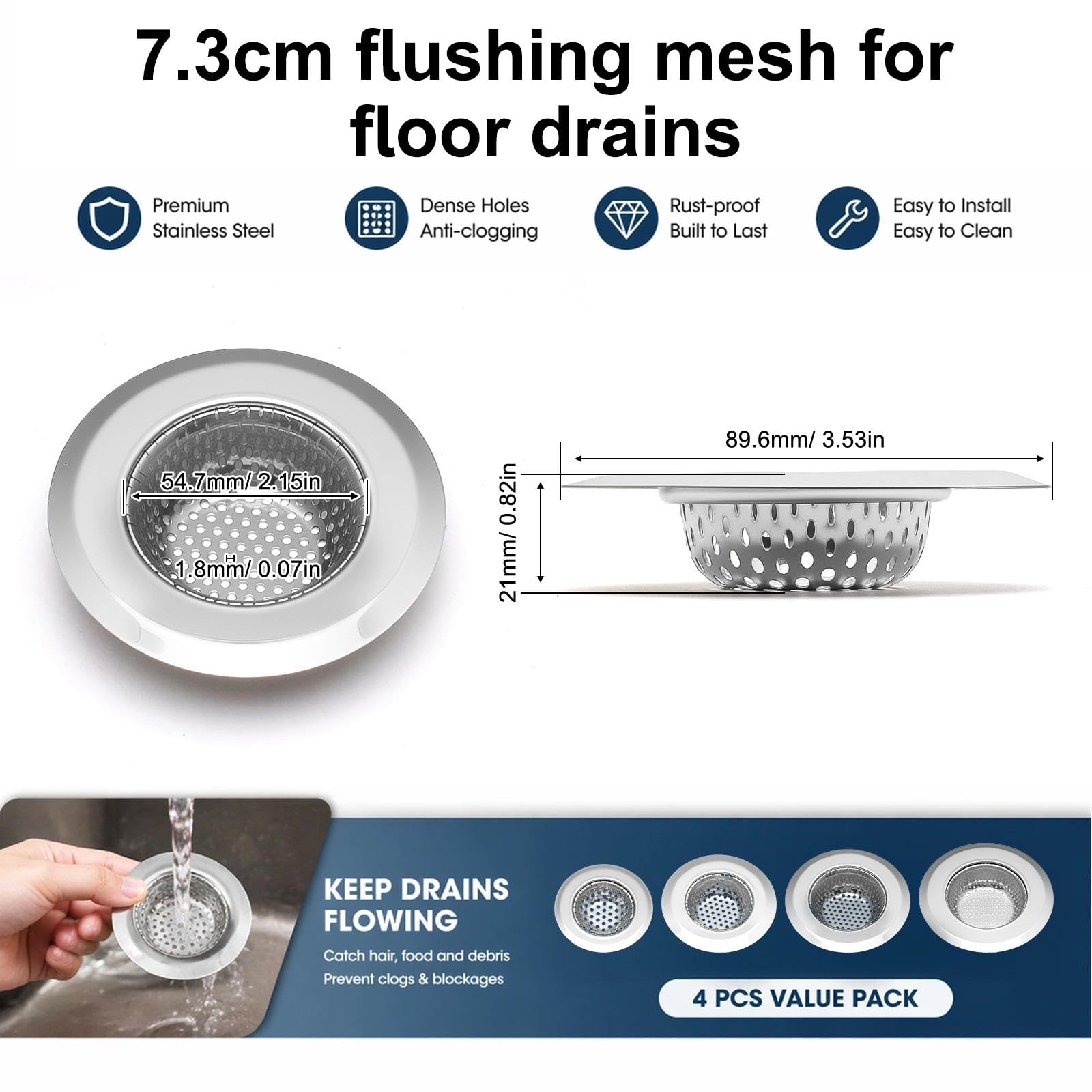 4 Pièces Filtre Evier Cuisine, Acier Inoxydable Filtres de Vidange D'évier, Argenté Filtre Lavabo Salle de Bain, 9 cm Grille Evier Cuisine, pour D'évier, Salle de Bain, Cuisines