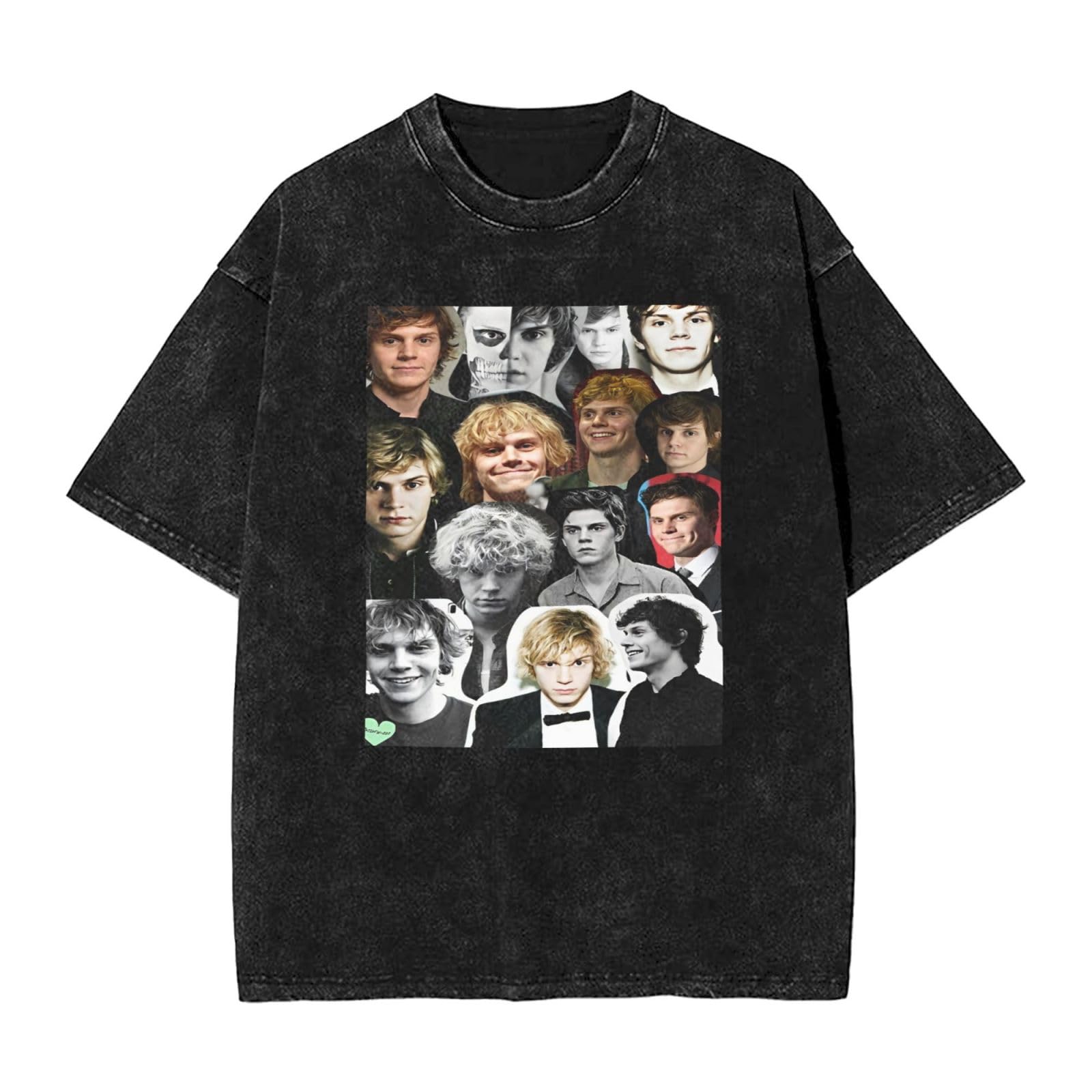 Viplili Unisex Black Evan Actor Peters T-Shirt Washed Vintage Shirt Print Crewneck Top Tee Short Sleeve T-Shirt For Men, Women, 5 Sizes