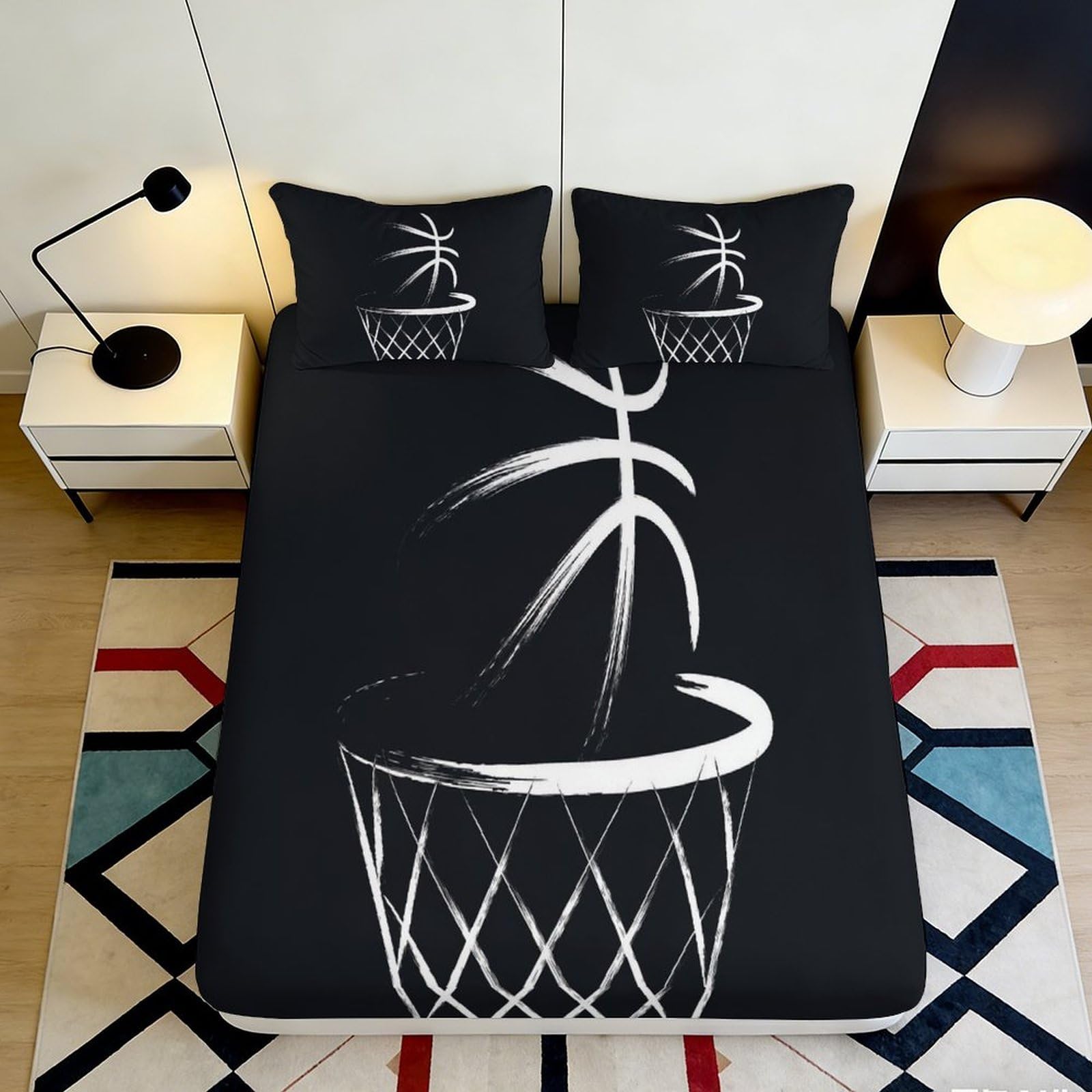 3D Printed Basketball Pattern Fitted Sheet Microfiber Soft Durable 3D Printed Basketball Hoop Mattress Cover for Bedroom Dormitory Guest Room Protection 180x200x25cm