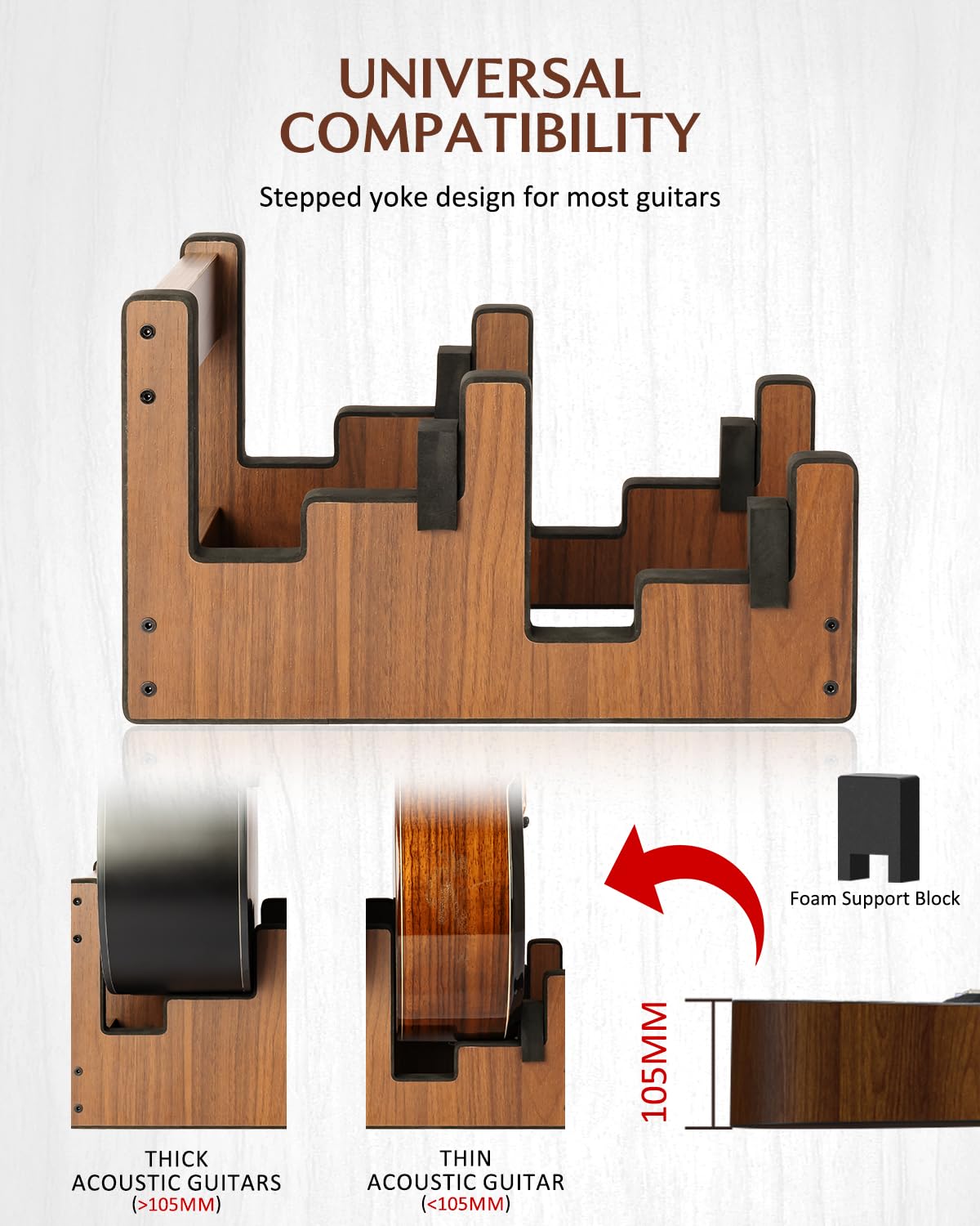 STRICH L-2AW Support de guitare en bois pour plusieurs guitares, 2 supports, affichage frontal, gain de place, pour la maison, le studio, la scène, couleur noyer, L-2AW (pour 2 acoustiques)