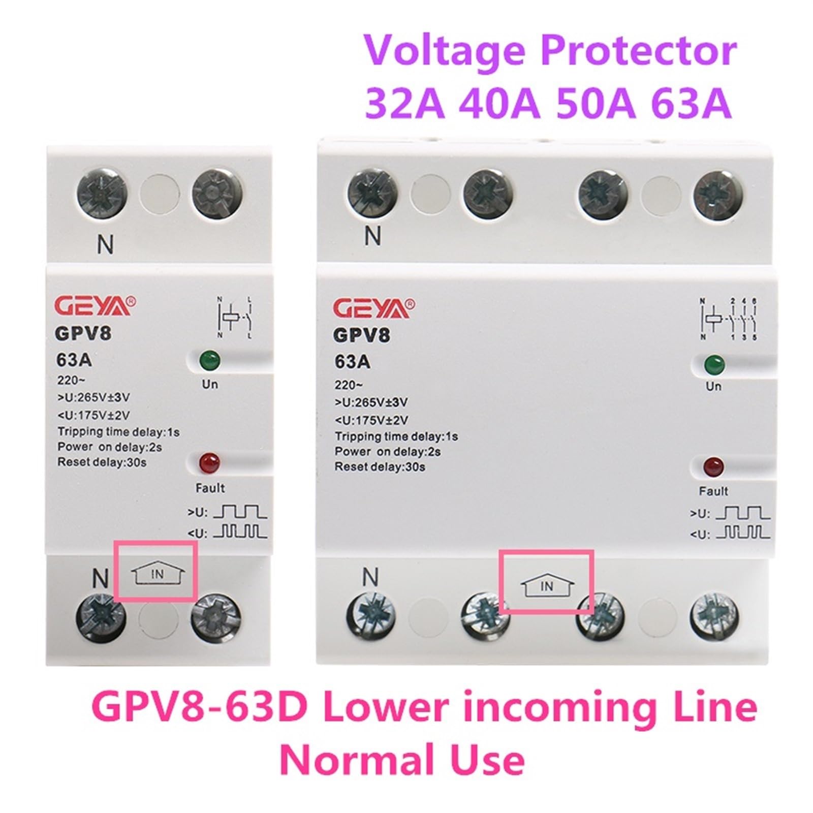 GPV8-63 DIN Szyna automatyczna ochrona przed przepięciem i podnapięciem 220 V AC trójfazowy samoregenerujący się 80A (80a,GPV8-D 4P)