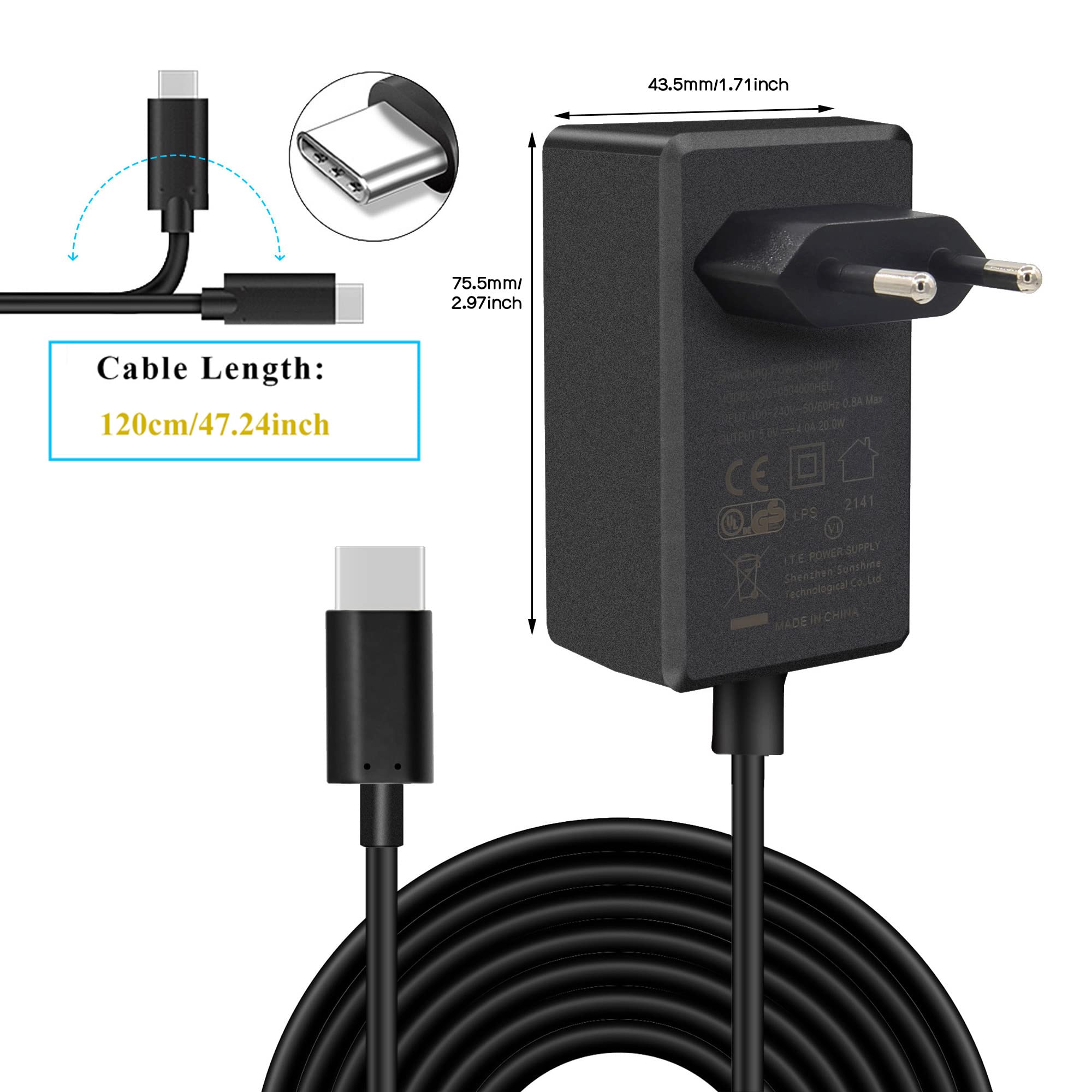 Geekworm Raspberry Pi 4 Zasilacz Power Supply, USB-C 5V 4A 20W Power Adapter Charging for Raspberry Pi 4 Model B 8GB / 4GB / 2GB / NASPi / X735 / X708 / X728 / X630 / Pi 400 / Orange Pi 5 / 5B / 5 Plus