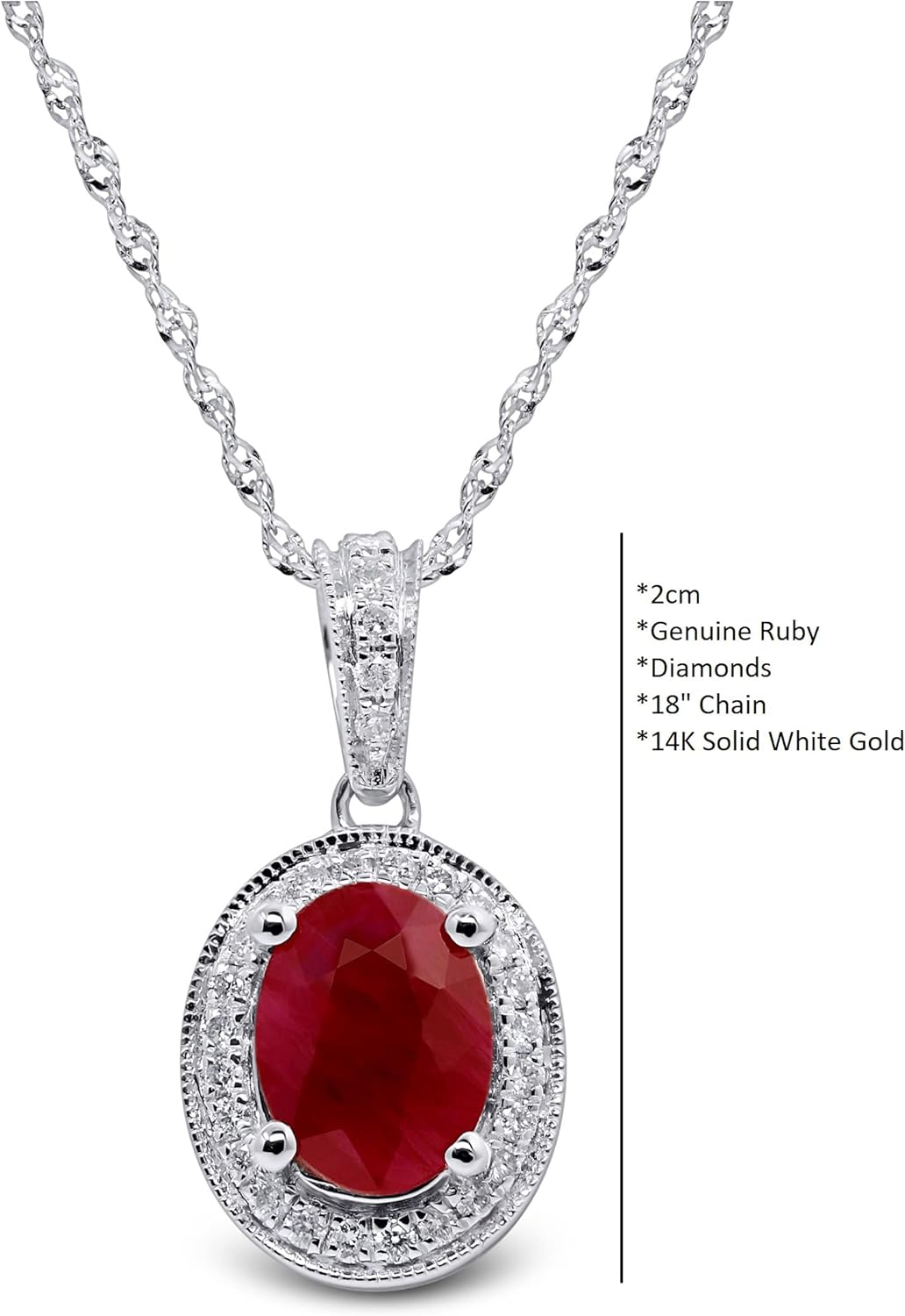 14K White Gold Oval Genuine Ruby Diamond Pendant Necklace. 1-1/6 Ct weight - Image 3