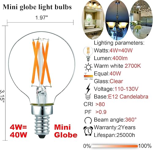 Miniatura 9 de LiteHistory Paquete de bombillas G16.5 4 W 40 W LED Edison bombilla 400lm y T6 E12 Bombilla LED 6 W 60 W Blanco cálido 2700K 600lm AC120V E12