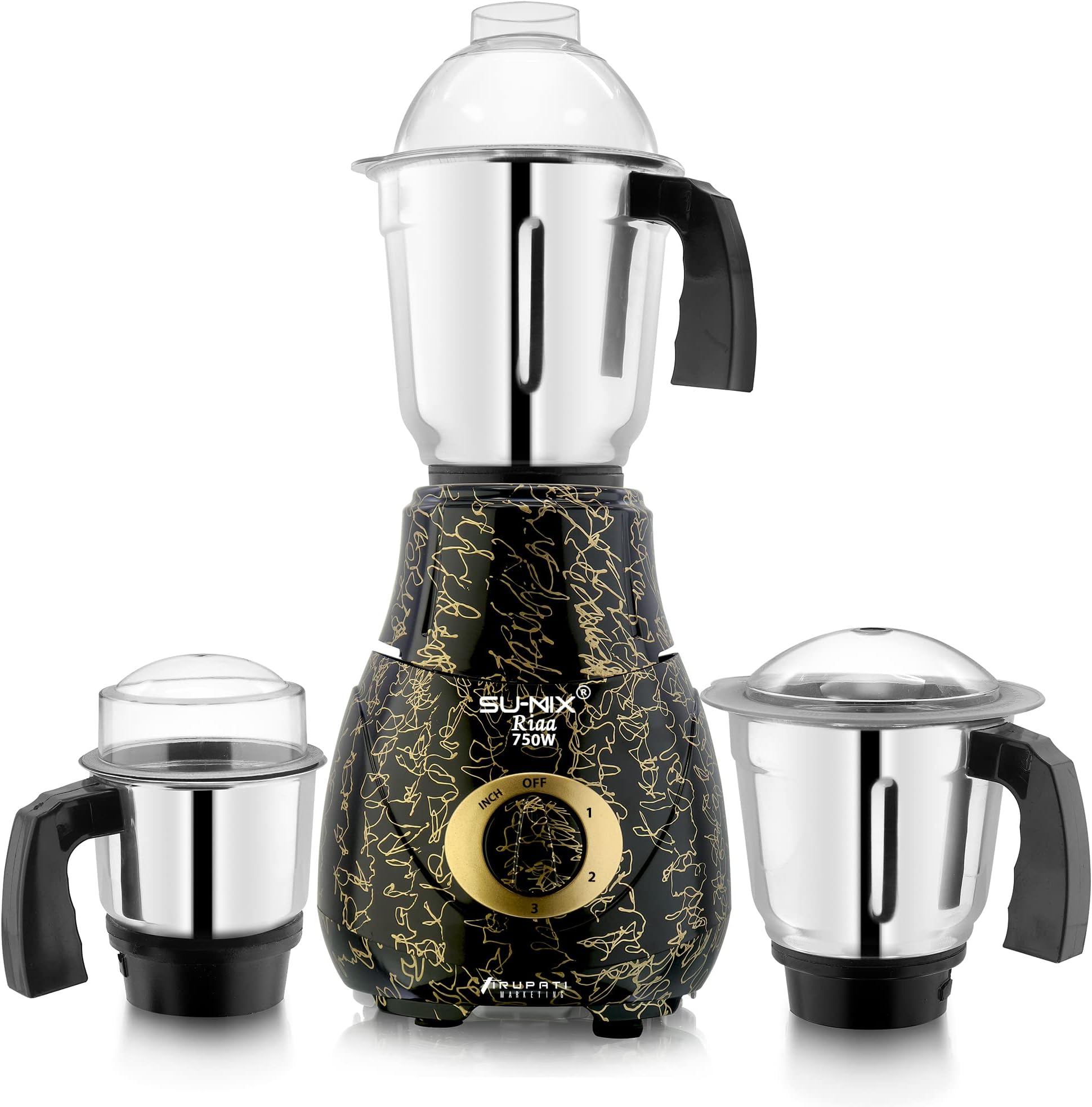 Su-mix New Excellent Model RIAA 750-Watts Mixer Grinder with 3 Stainless Steel Jars (Dry Jar, Chutney Jar, Liquid Jar) Gold-Black.Company 37 Years of Servicing Marketing and Manufacturing Since 1984.