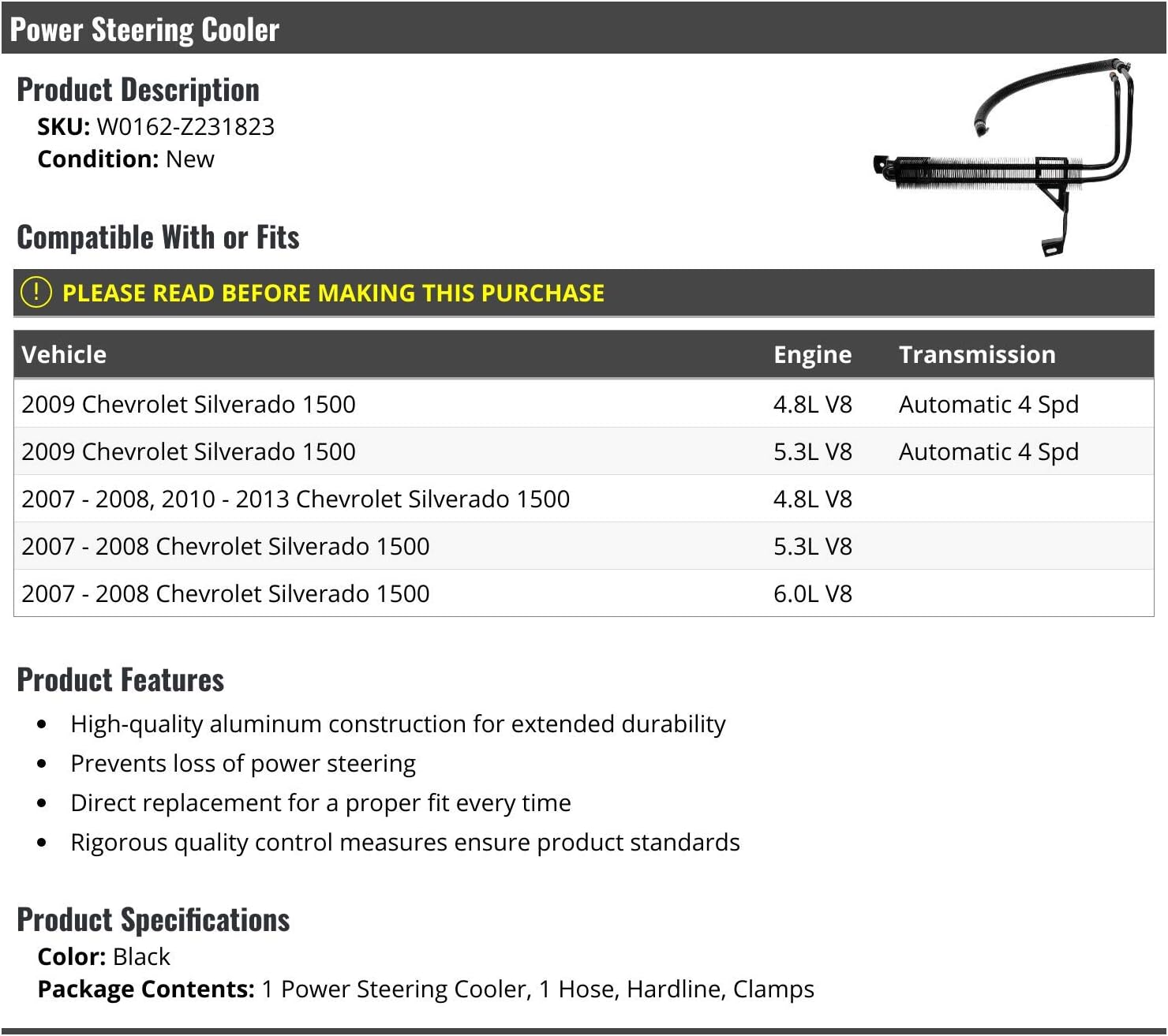 Aluminum Power Steering Cooler - Compatible with 2007-2013 Chevy Silverado 1500 - Black