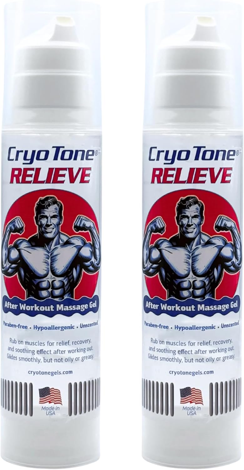 Relieve Post-Workout Massage Gel 2-Pack, Muscle Recovery Rub for Athletes – Hypoallergenic, Fragrance-Free, Non-Greasy Formula with Metered Pump, Made in USA, 6.76 fl oz Each