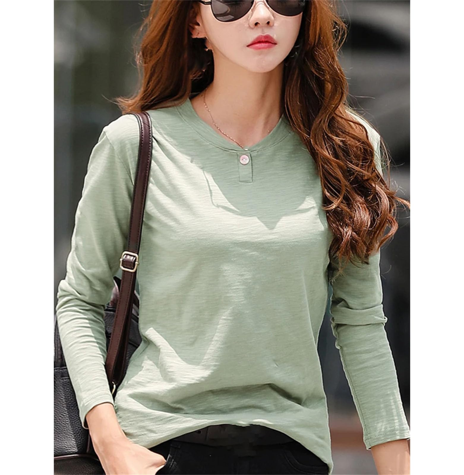 T-shirt da donna a maniche lunghe in cotone con bottoni verde scollo a V T-shirt tinta unita morbida top allentato