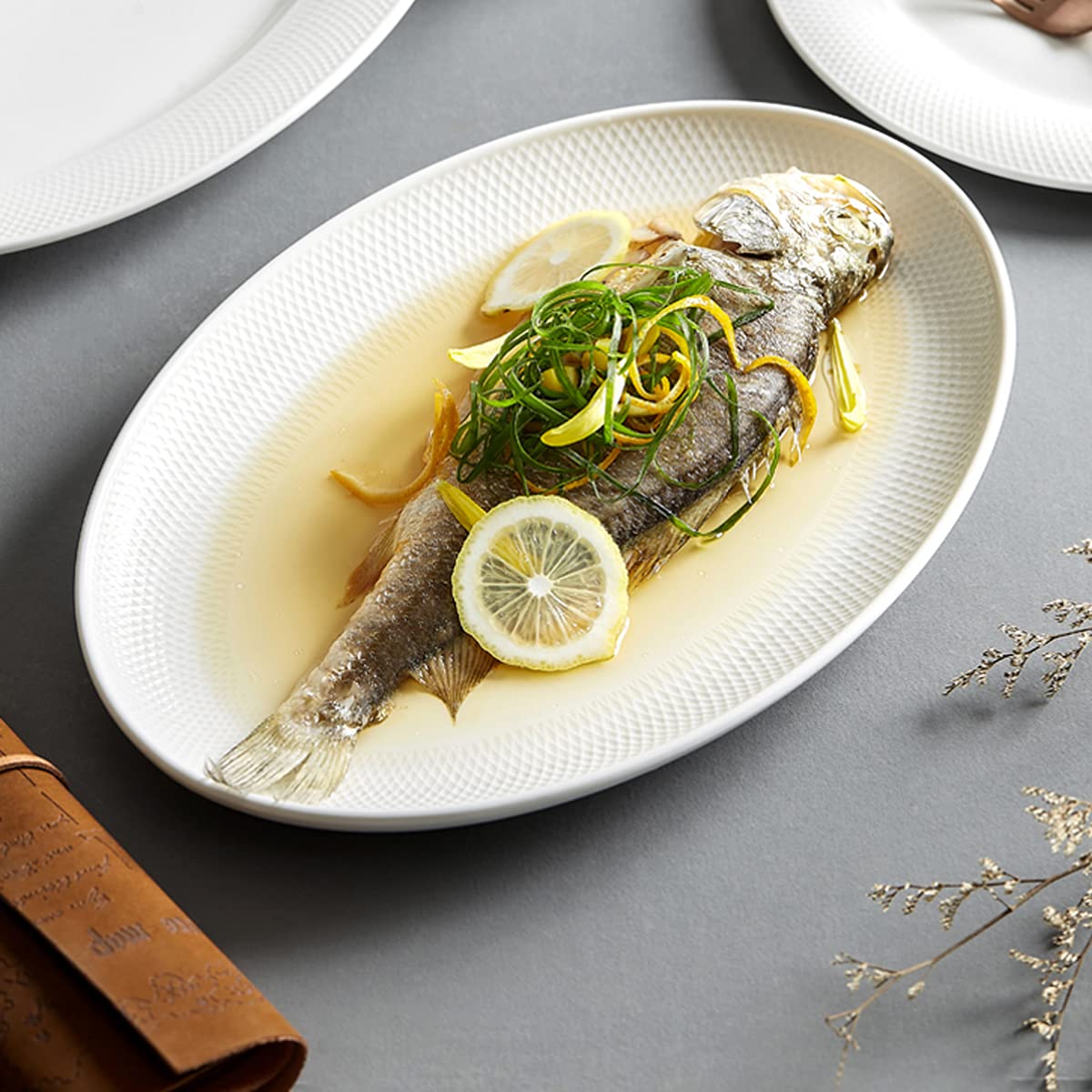 Platos de cena, vajilla de cerámica, juego de vajilla, plato de cena, plato de fruta creativo, plato de pescado al vapor casero, plato de cena casero de cerámica, plato de pescado grande oval