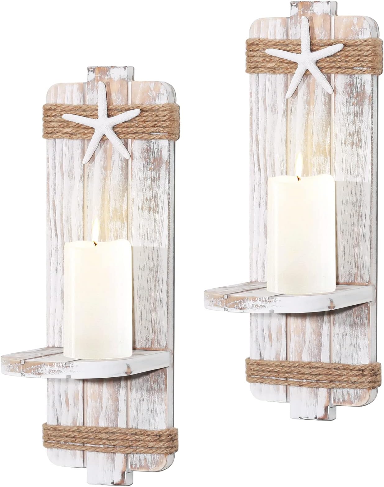 Disdressed Starfish Wall Candle Sconces (Set of 2) - Beach Decor, Ocean Themed Wall-Mount Candleholders, Nautical Style Beach Bathroom Decor, Coastal Farmhouse Seashell Candle Holders