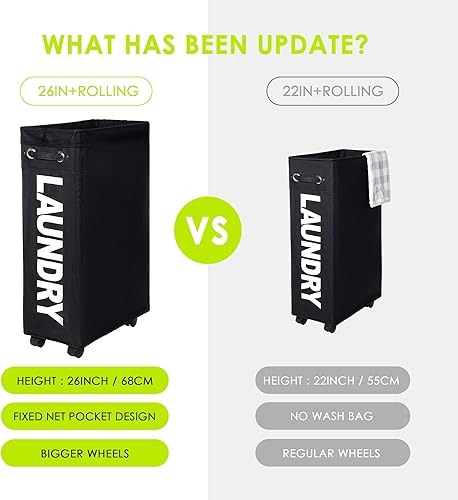Miniatura 3 de TWIRA Cesta de lavandería delgada de 26 pulgadas, cesta de lavandería con ruedas (4 colores), contenedores de almacenamiento de esquina plegables,