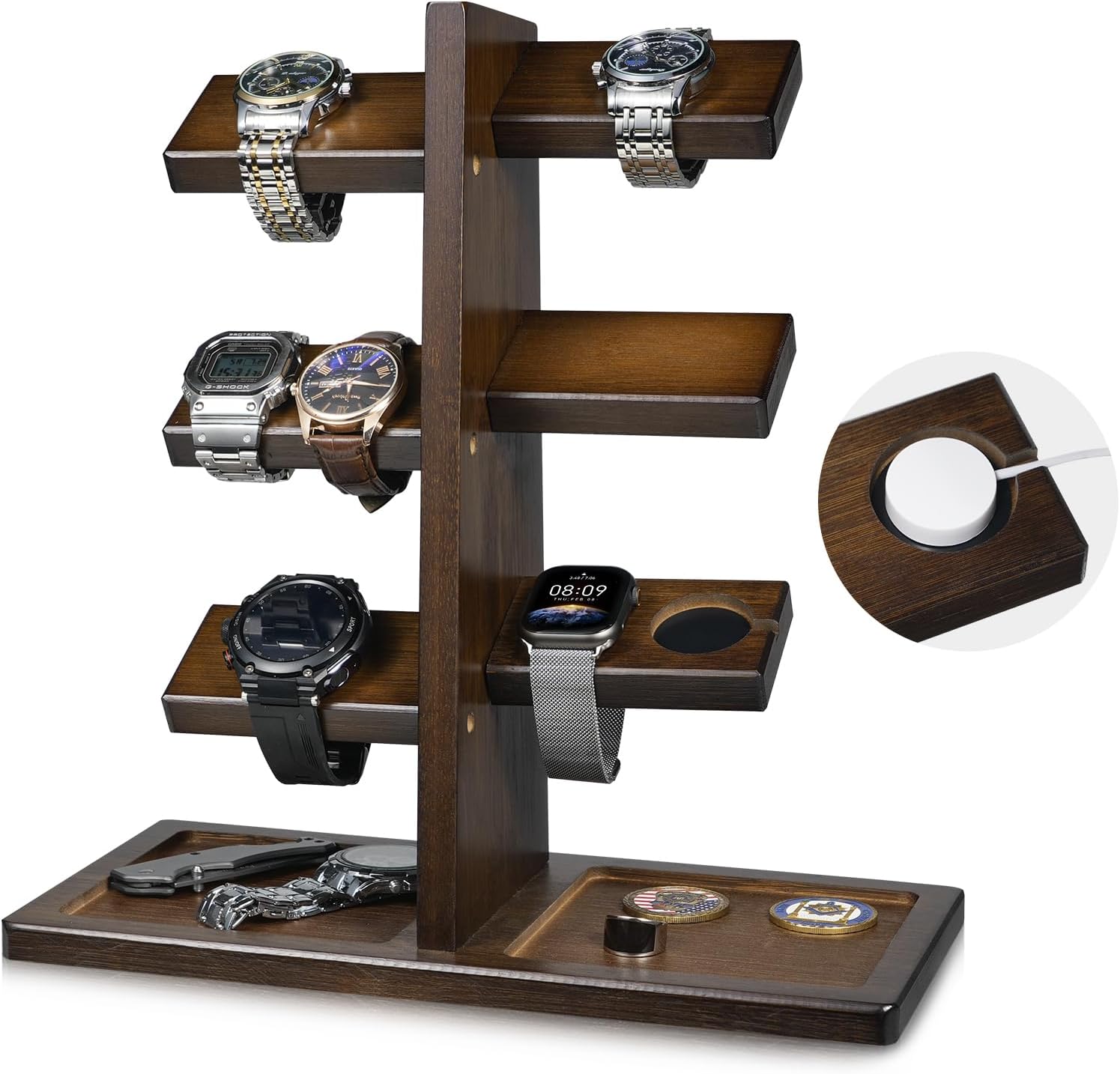 ikkle Watch Holder Stand with Charging Station Wooden Watch Display Tower Jewelry Organizer for Rings, Coins Bracelets, Necklaces, Great Gift for Men