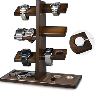 ikkle Watch Holder Stand with Charging Station Wooden Watch Display Tower Jewelry Organizer for Rings, Coins Bracelets, Necklaces, Great Gift for Men
