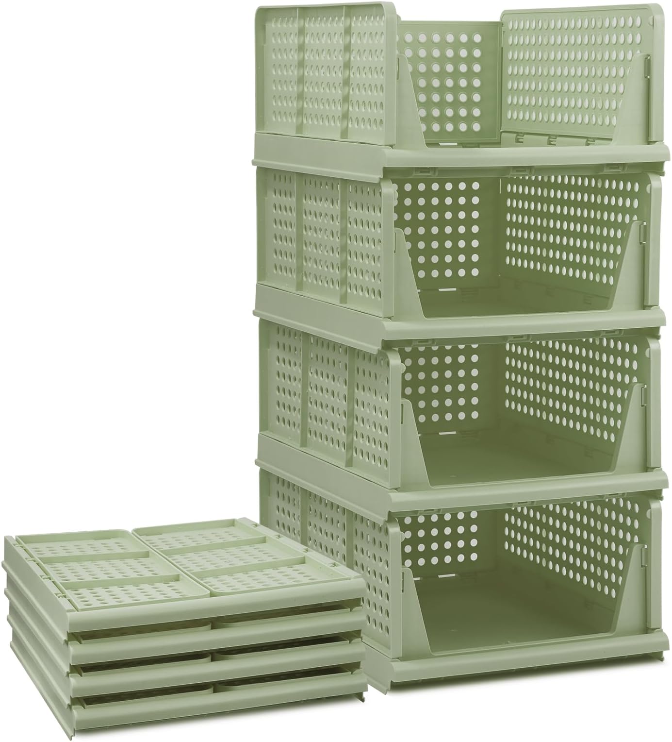 Set of 4 Stackable Foldable Wardrobe Storage Box Organizer (Easy Open and Folding), Plastic Wardrobe Shelves Closet Organiser Box, Pull Out Like a Drawer, Suitable for Home, Bedroom, Kitchen