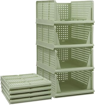 Set of 4 Stackable Foldable Wardrobe Storage Box Organizer Easy Open and Folding, Plastic Wardrobe Shelves Closet Organiser Box, Pull Out Like a Drawer, Suitable for Home, Bedroom, Kitchen