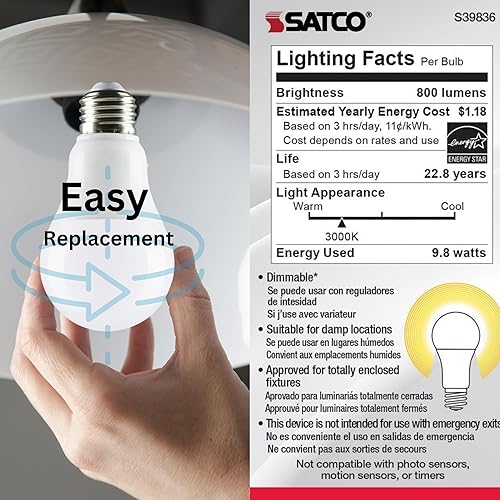Miniatura 4 de Satco S39836; lámparas LED; 9.8 vatios; LED A19; omnidireccional; 3000 K; base media; ángulo de haz de 220 grados; 120 voltios para uso residencial,
