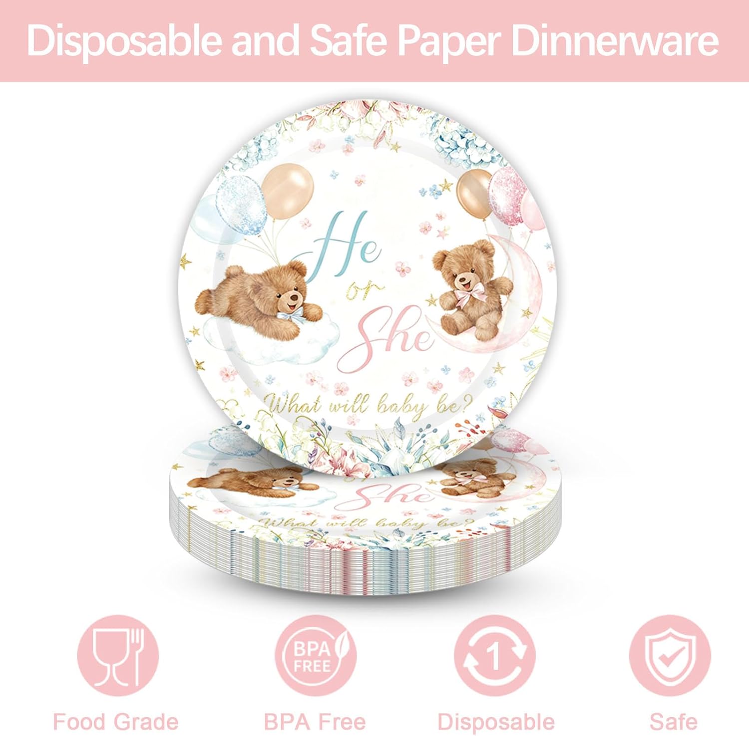 Bear Gender Reveal Party Decorations Supplies He or She Party Tableware Set Include Plates, Cups, Napkins,Cutlery and Straw for Baby Shower, Boy or Girl Party Decorations Serves 24