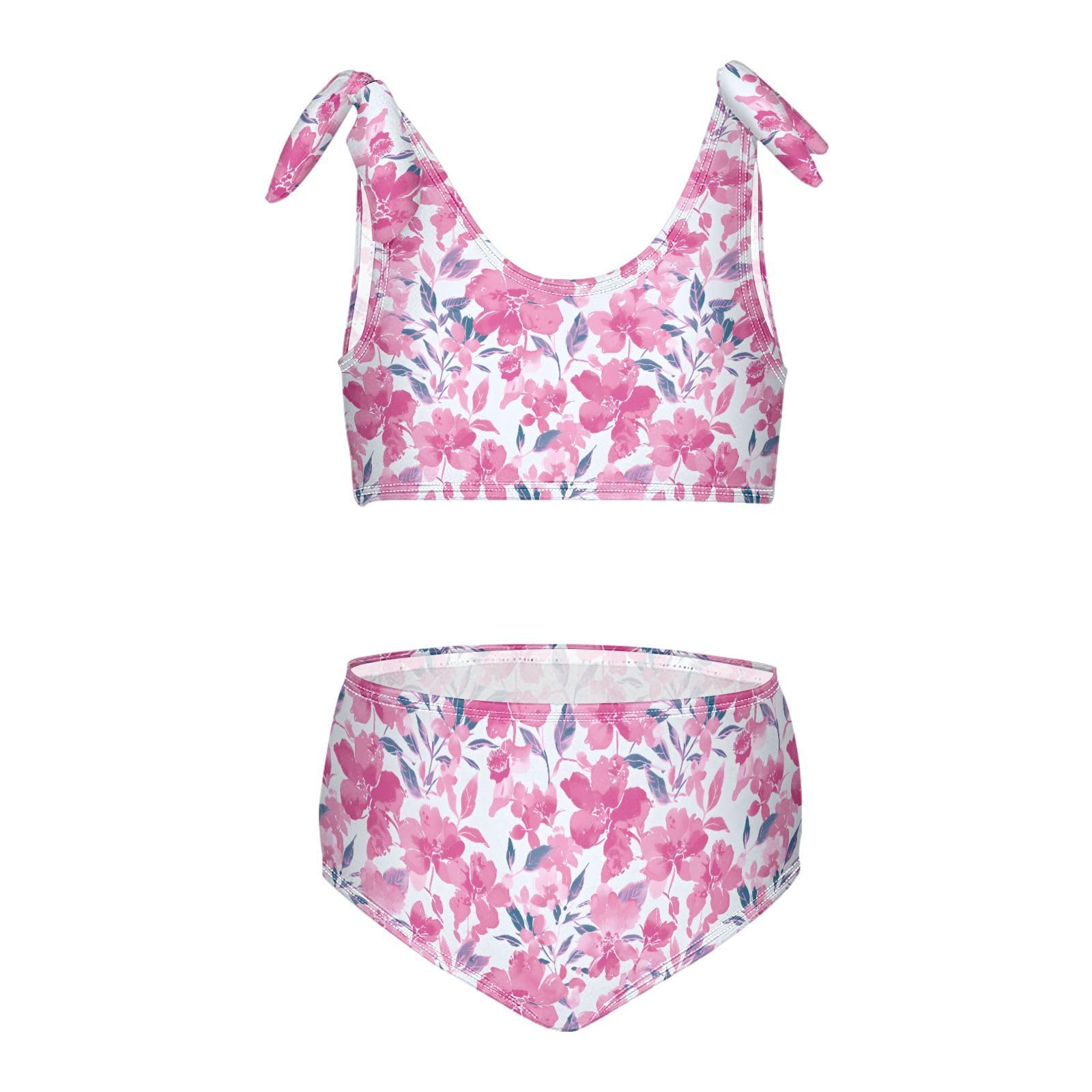 Doodle Pink Flowers Girls Two Piece Tankini Swimsuits Summer Bathing Suit Beach Swimwear Set, 5-6T