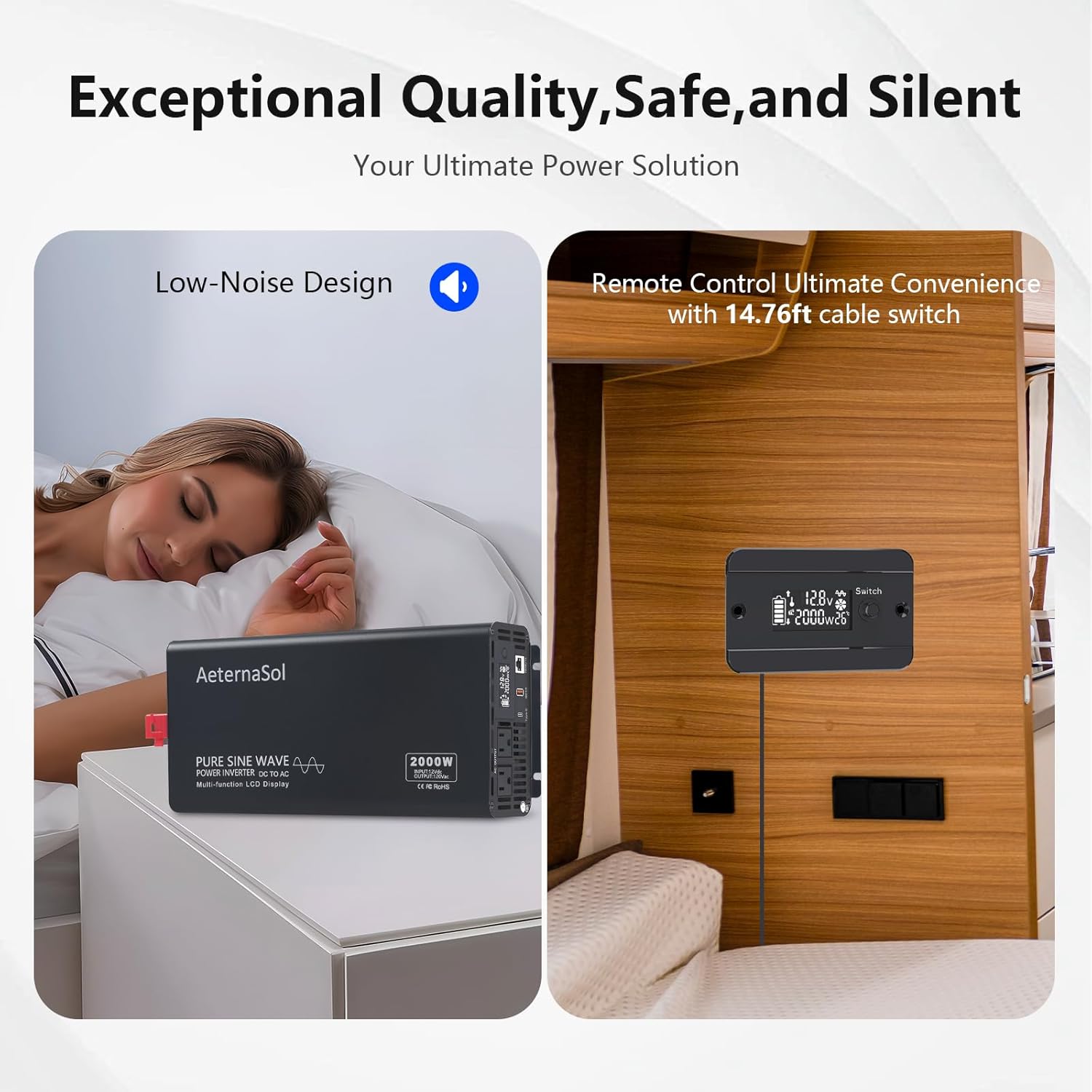 Pure Sine Wave Inverter 2000 watt Inverter DC 12V to AC 110-120V, Power Inverter for RV Truck Home Backup Solar with 2 AC Output, USB&Type-C, LCD Remote Monitor, Surge 4000W