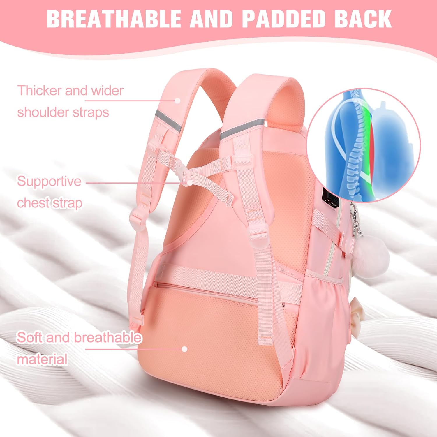 Bevalsa Backpack for Girls, Cute Bow School Bags for Kids with Lunch Bag & Pen Case, Bookbag for Girls Children Teens Elementary Middle Student, Back to School Gift with USB Charging Port