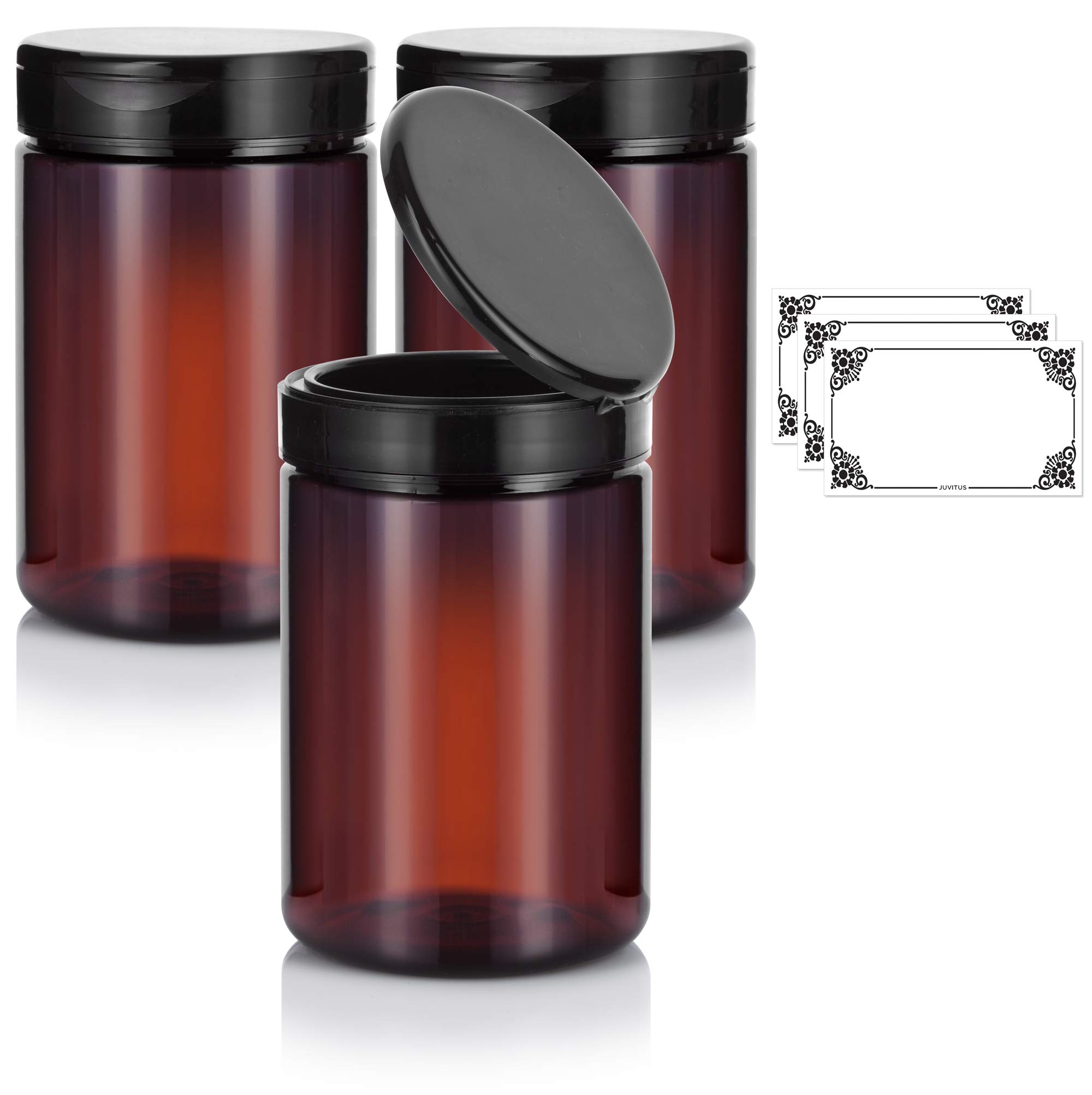 JUVITUSAmber Large 25 oz PET Plastic (BPA Free) Refillable Jar with Black Flip Top Cap - (3 pack) + Labels