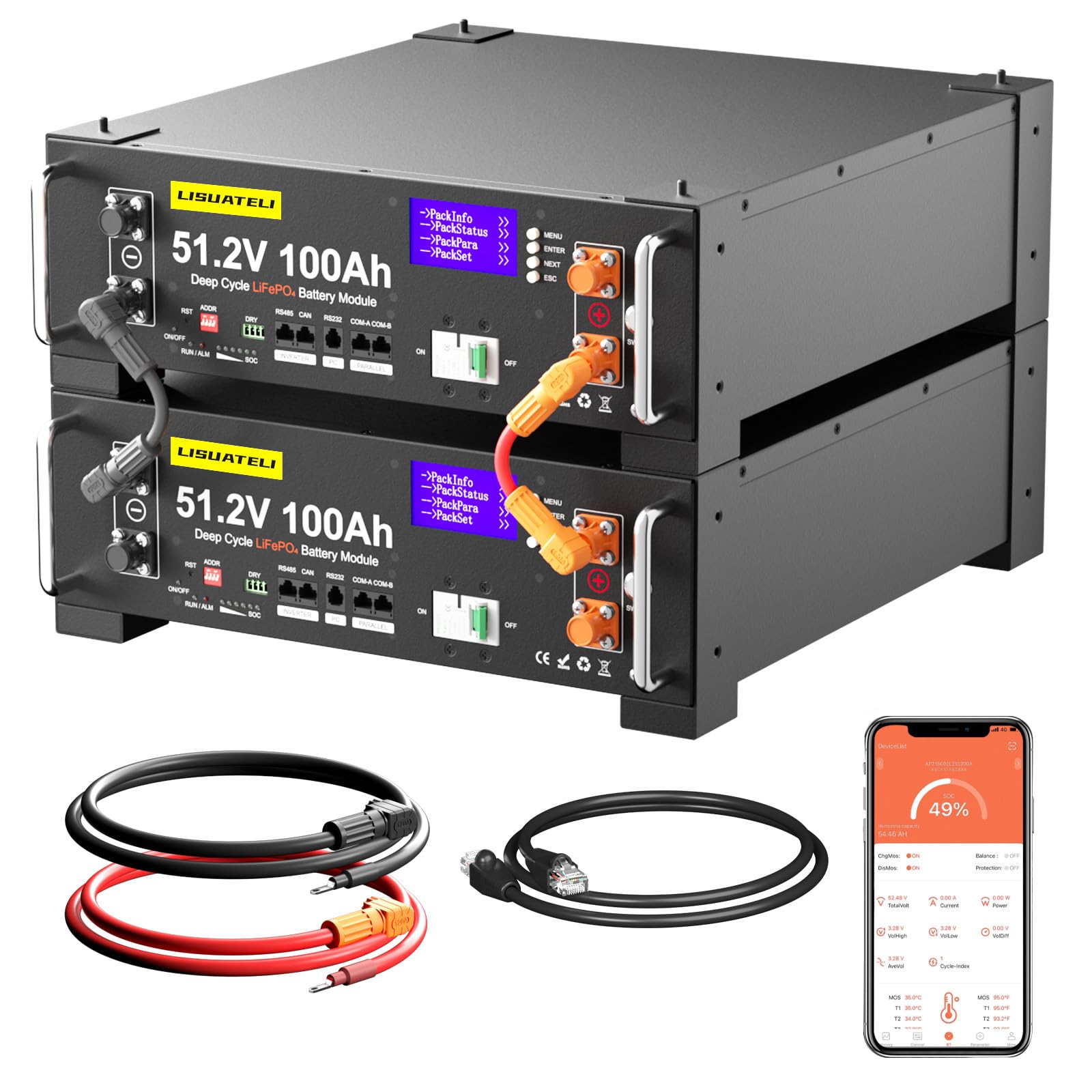 2 baterías de litio LiFePO4 de 48 V 100 Ah con 100 A BMS, batería de litio de 10,24 kWh, para instalaciones solares, aplicaciones independientes de la red, almacenamiento de energía