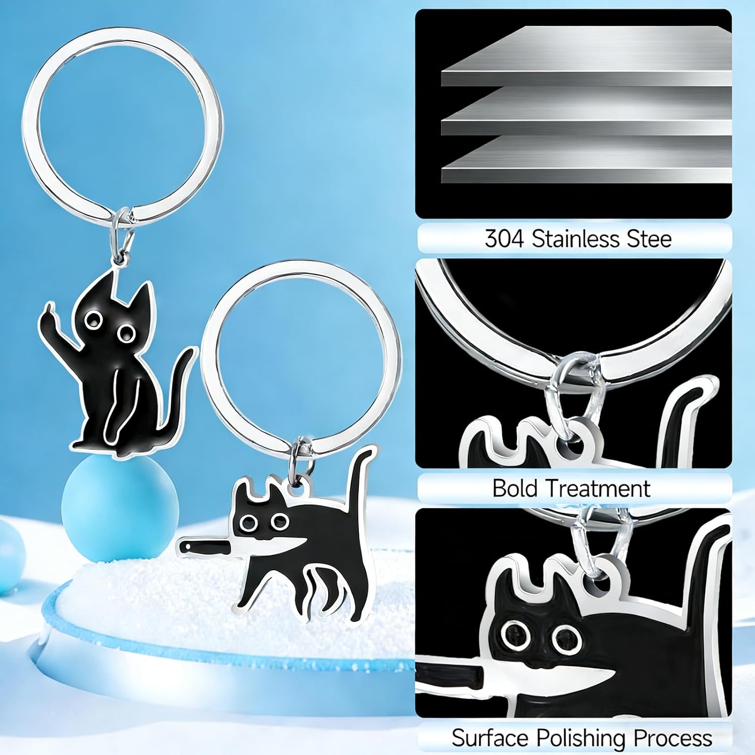 Cute Black Cat Keychain Funny - Unique Black Cat Gifts for Women & Men, Black Cat Charm Friendship Gift, Cool Cat Stuff Car Keyrings (2 Pack) - Image 3