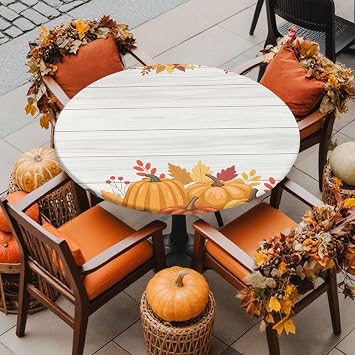 Round Fitted Tablecloth Thanksgiving Orange Pumpkin Berry Washable Waterproof Oil-Proof Elastic Table Covers for Picnic Camping Indoor Dining Table Protector Autumn Leaf Wood Board Fits 55-60" Tables