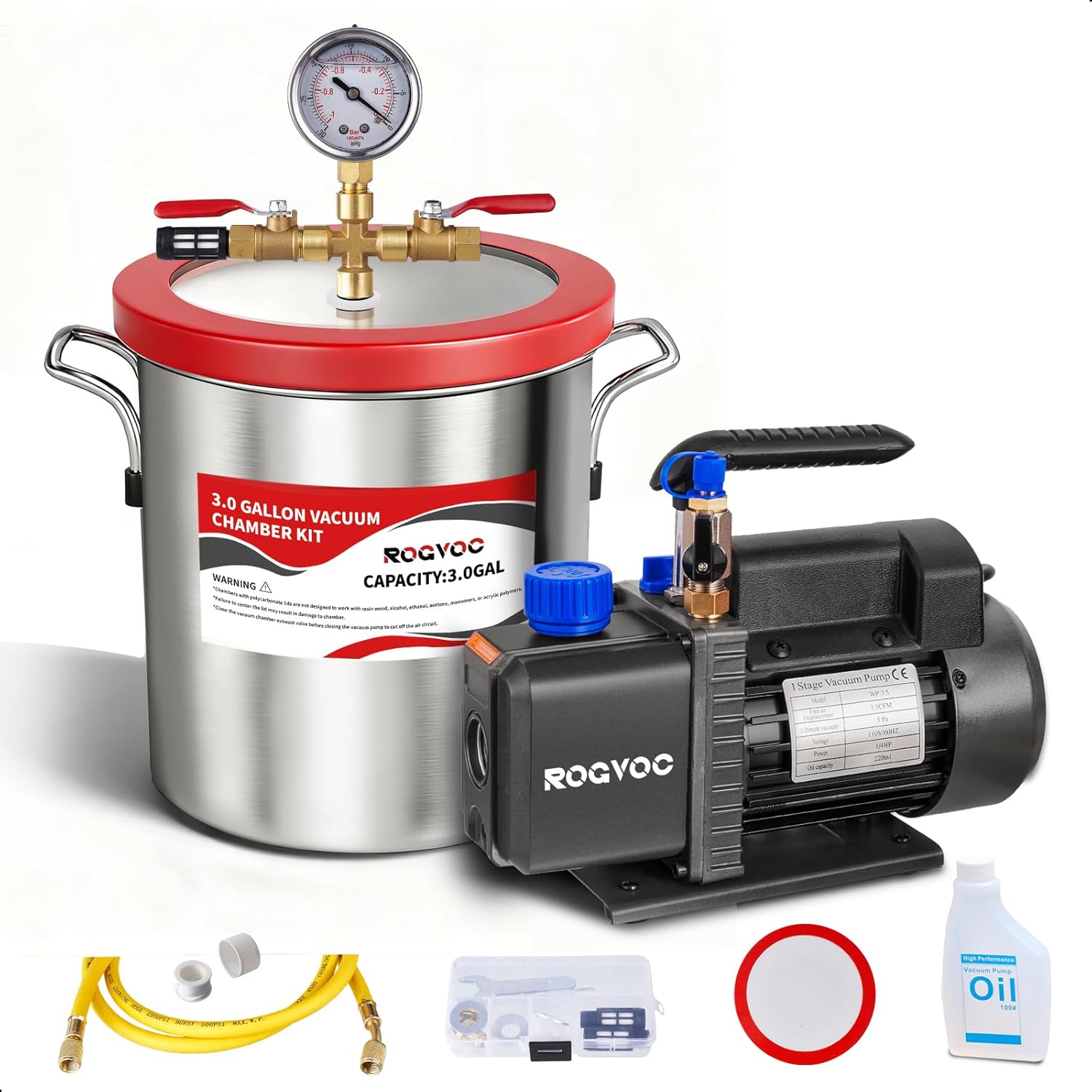 3 Gallon Vacuum Chamber Kit with 3.5 CFM Vacuum Pump, Stainless Steel Degassing Chamber with Acrylic Lid, Hose, for Resin, Silicone, Epoxy and Wood Stabilizing
