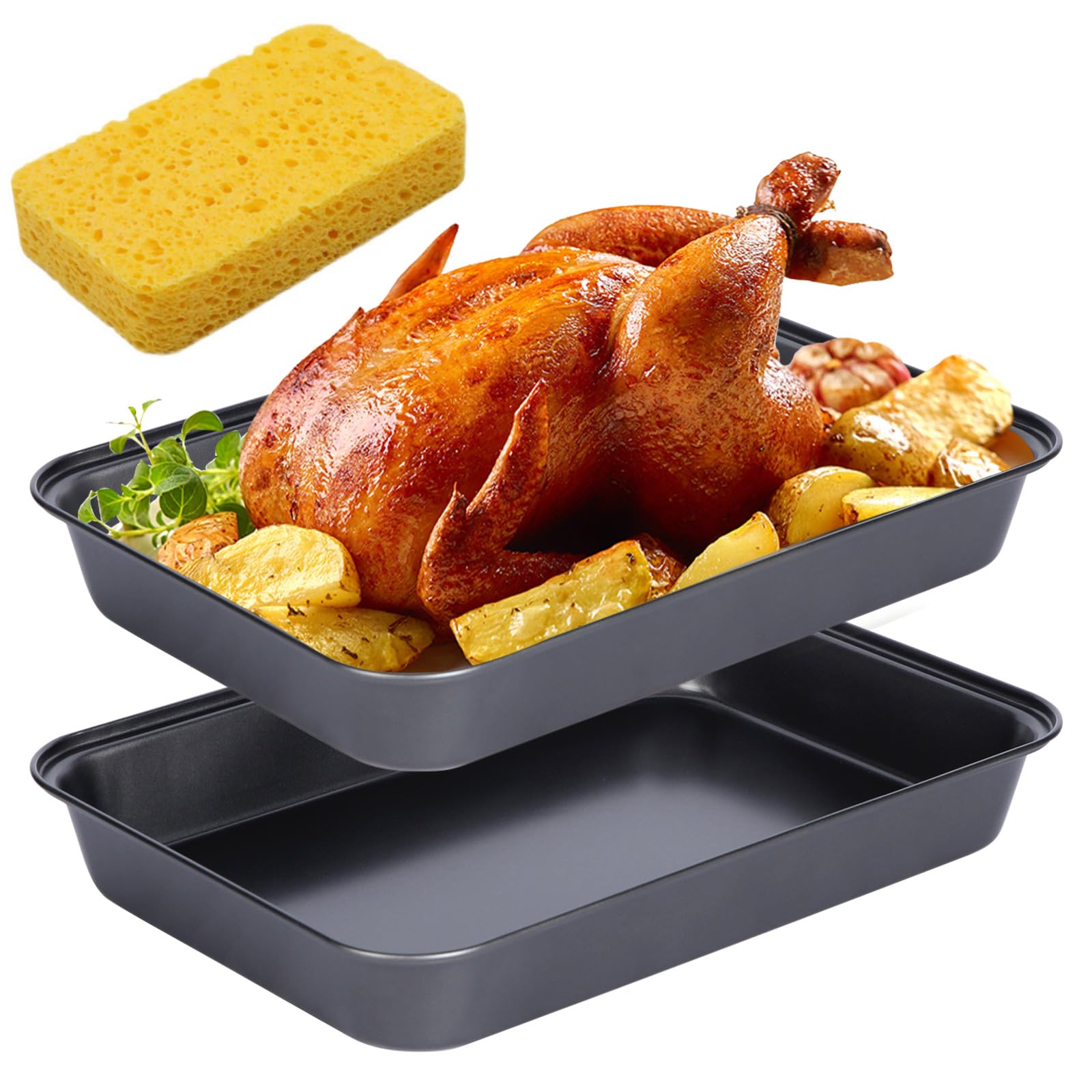 2 Pack Non-Stick Oven Trays, Deep Baking Sheet Pan Carbon Steel Oven Tray with Non-Stick Coating for Easy Release, Roasting Rectangle Cake Tin for Brownie Cake Lasagna Durable - 37.5x25.5x5cm
