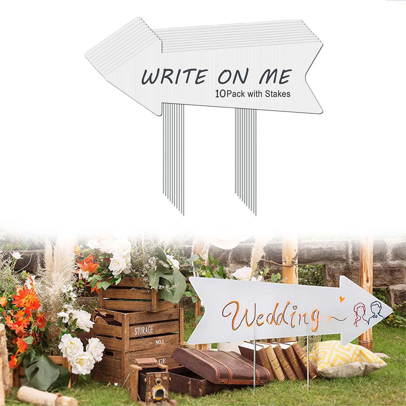 10 Pack Blank Arrow Signs with Stake,Wedding Signs for Ceremony and Reception,17×6 Inch Lawn Sign Arrow Wedding Directional Yard Signs for Birthday Party Ceremony Outdoor Road Sign Decoration (White)