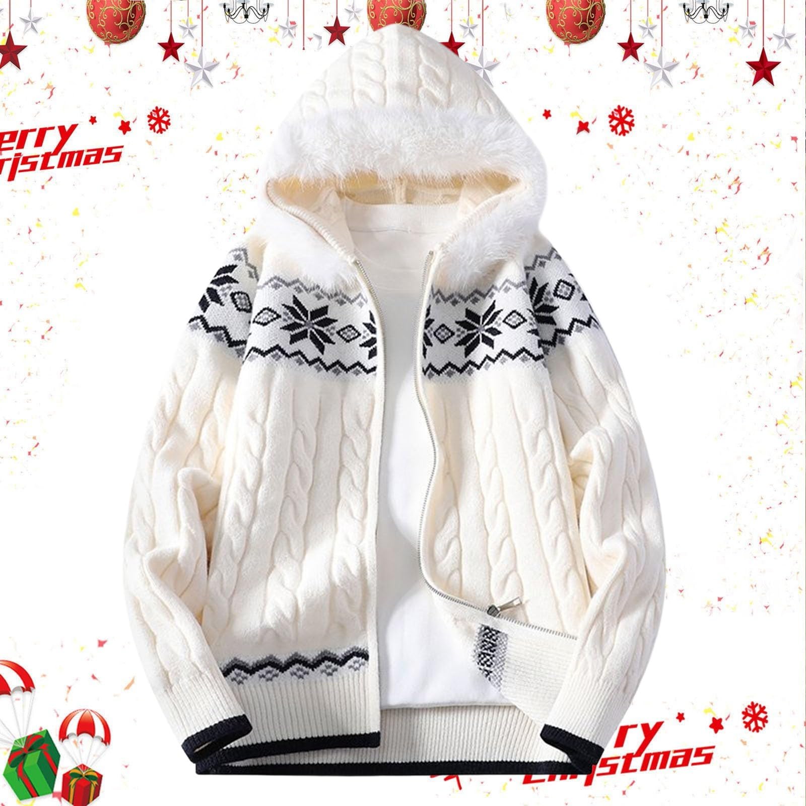 Generisch Maglione da uomo a collo alto, con cappuccio, grande dimensione, maglione invernale da lavoro, collo sciallato, con cappuccio, a maglia grossa, con collo alto