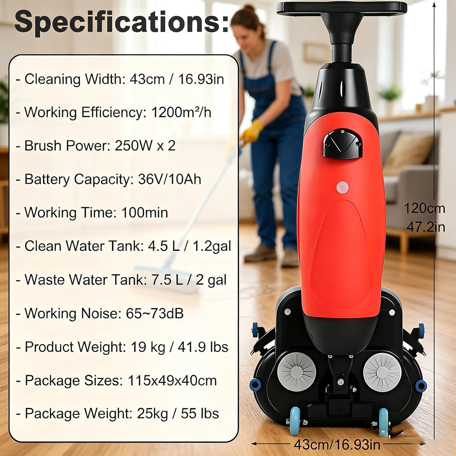 Commercial Self-Propelled Floor Scrubber Tile Polisher, 360° Rotating Cordless Carpet Extractor,43cm Dual-Brush Walk Behind Floor Scrubber Dryer, 36V Battery Red