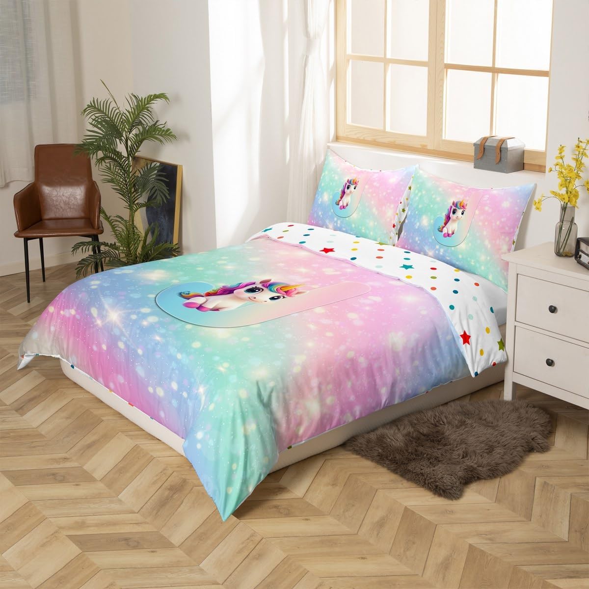 Unicorn Girls Duvet Cover Full For Kids Rainbow Pink Unicorn Bedding Set, Galaxy Stars Gradient Glitter Comforter Cover For Princess Style Room Decor Kawaii Cute Alphabet J Bed Set, 2 Pillow Cases